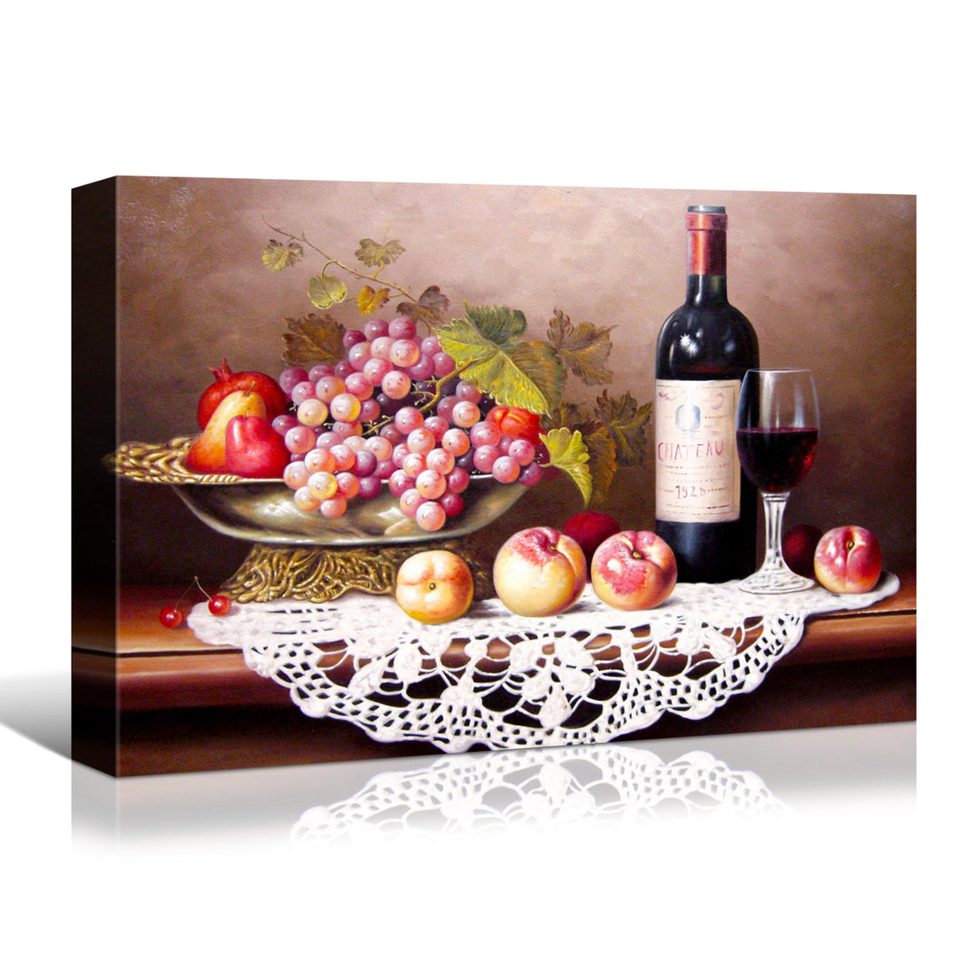 Framed Canvas Wall Art Decor Painting, Still Life Wine And Grape Fruits On Table Oil Painting Style Decoration For Restaurant, Kitchen, Dining Room, Office Living Room, Bedroom Decor Ready To Hang Rectangle Framed Multicolor Oversized 41In Canvas