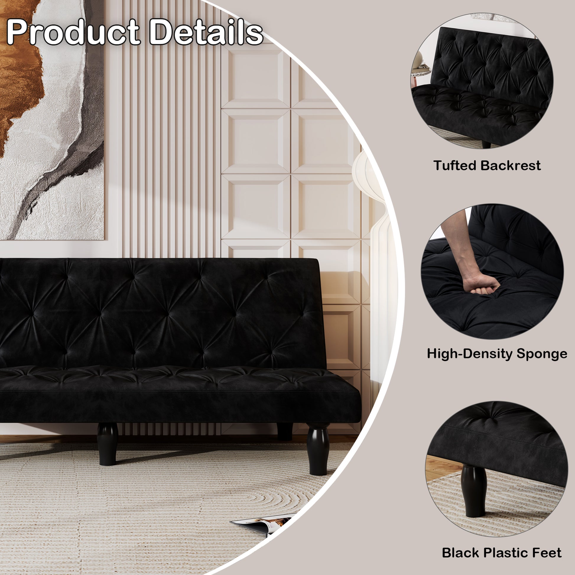 2534B Sofa Converts Into Sofa Bed 66" Black Velvet Sofa Bed Suitable For Family Living Room, Apartment, Bedroom Matt Black Velvet