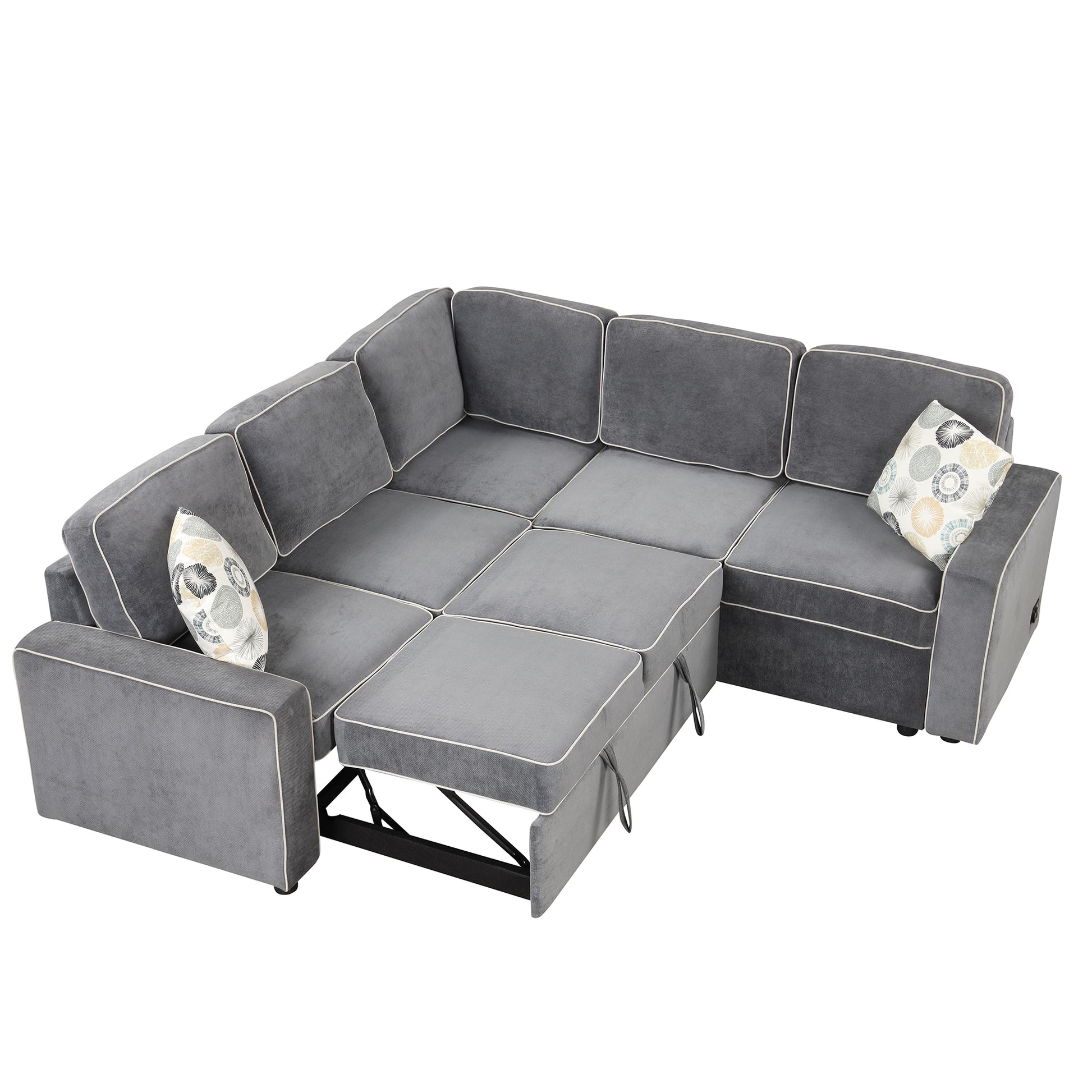 83" L Shaped Pull Out Sofa Bed Modern Convertible Sleeper Sofa With 2 Usb Ports, 2 Power Sockets And 3 Pillows For Living Room, Bedroom, Office, Gray Gray Foam Linen