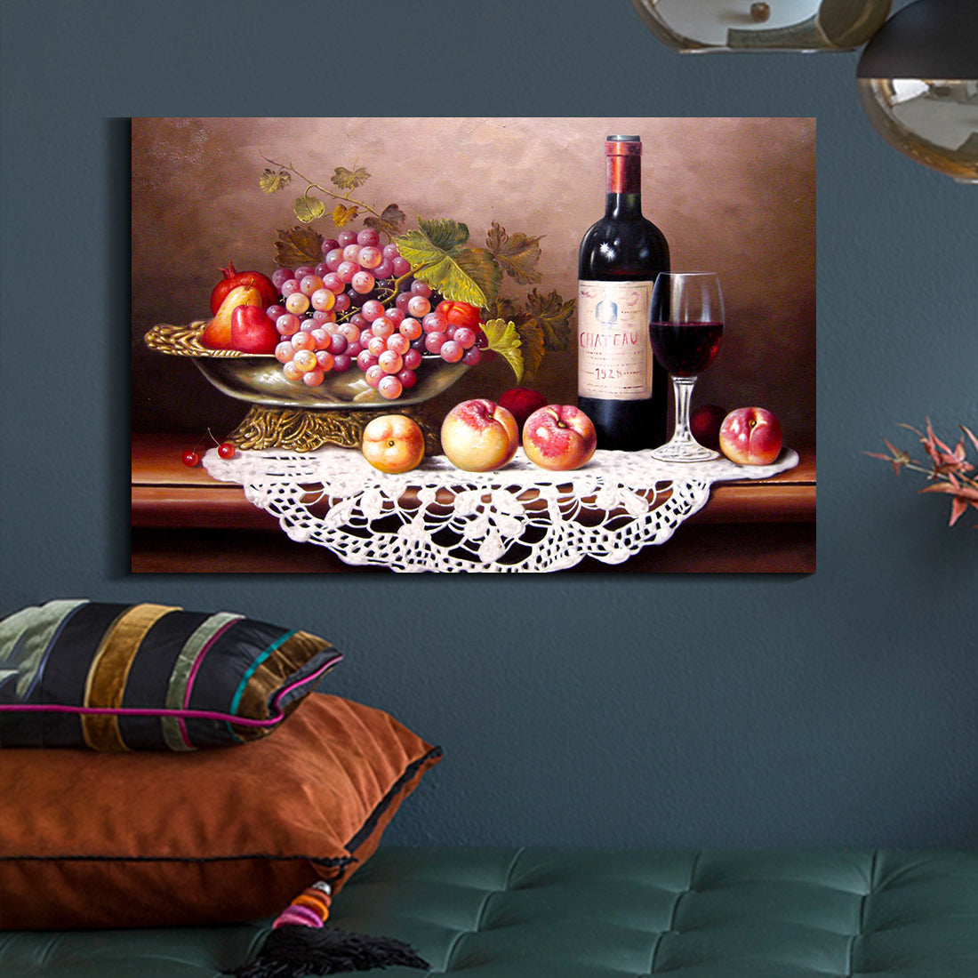 Framed Canvas Wall Art Decor Painting, Still Life Wine And Grape Fruits On Table Oil Painting Style Decoration For Restaurant, Kitchen, Dining Room, Office Living Room, Bedroom Decor Ready To Hang Rectangle Framed Multicolor Oversized 41In Canvas