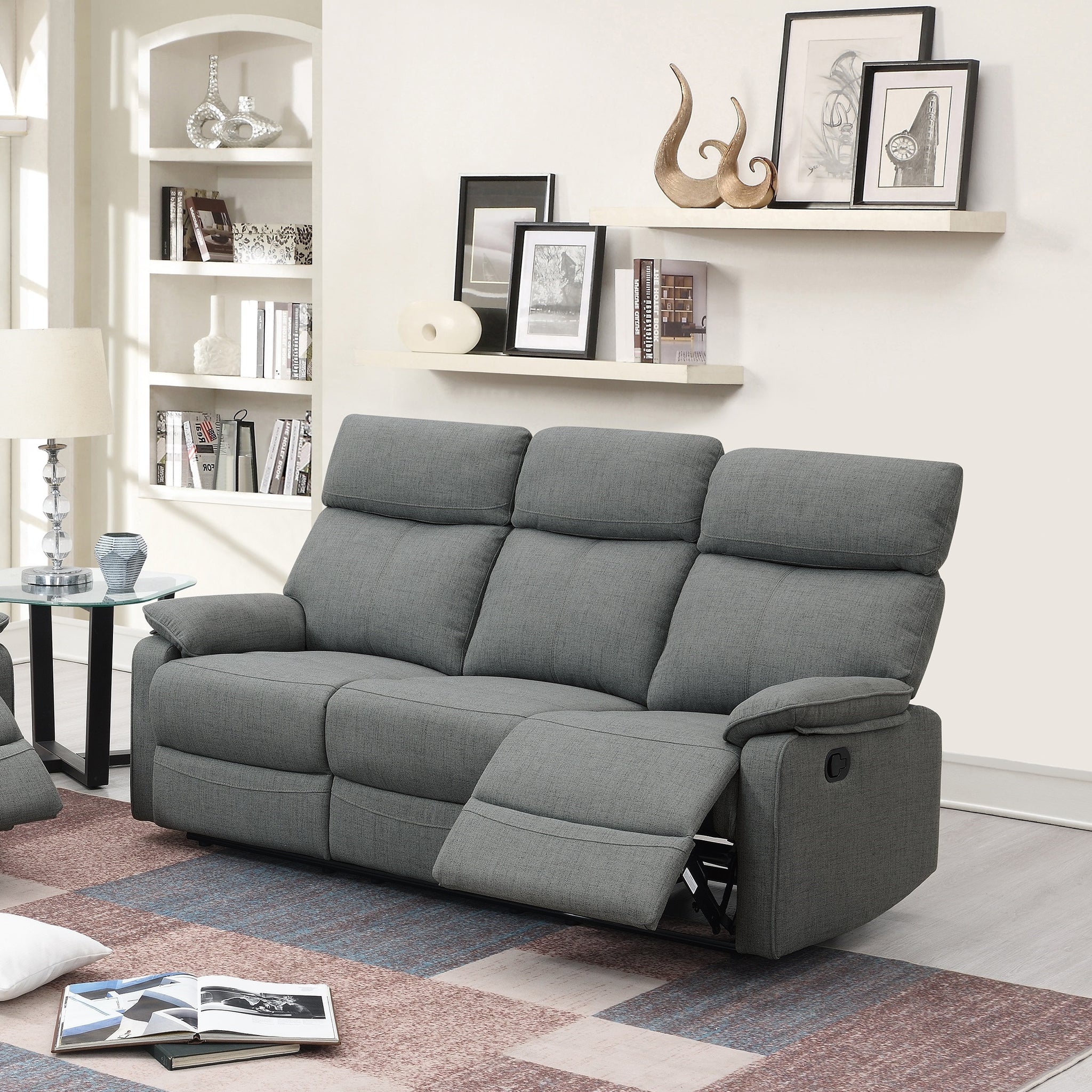 Gray Color Burlap Fabric Recliner Motion Sofa 1Pc Couch Manual Motion Sofa Living Room Furniture Gray Metal Primary Living Space Cushion Back Contemporary,Modern Pillow Top Arms Fabric 3 Seat