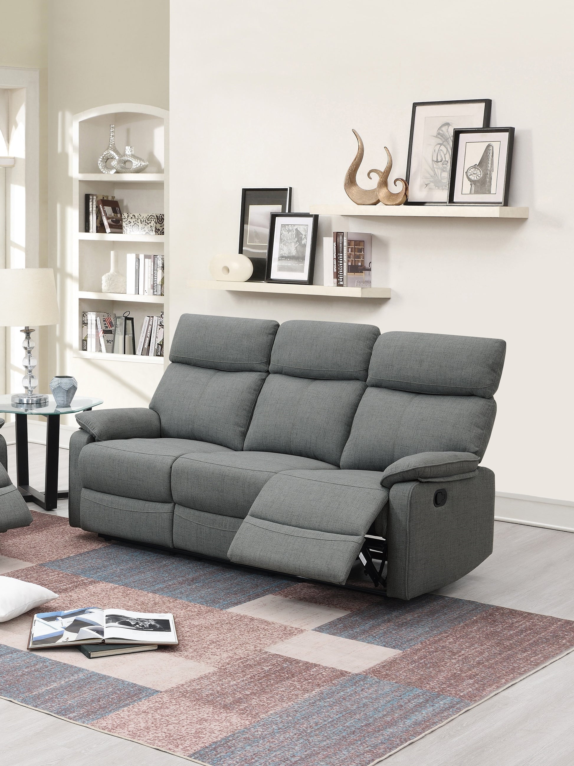 Gray Color Burlap Fabric Recliner Motion Sofa 1Pc Couch Manual Motion Sofa Living Room Furniture Gray Metal Primary Living Space Cushion Back Contemporary,Modern Pillow Top Arms Fabric 3 Seat