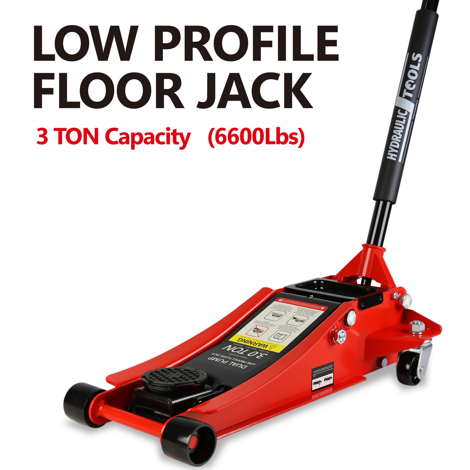 Hydraulic Low Profile And Steel Racing Floor Jack With Dual Piston Quick Lift Pump,3 Ton 6600 Lb Capacity, Lifting Range 3.3" 18.5" Black Red Steel