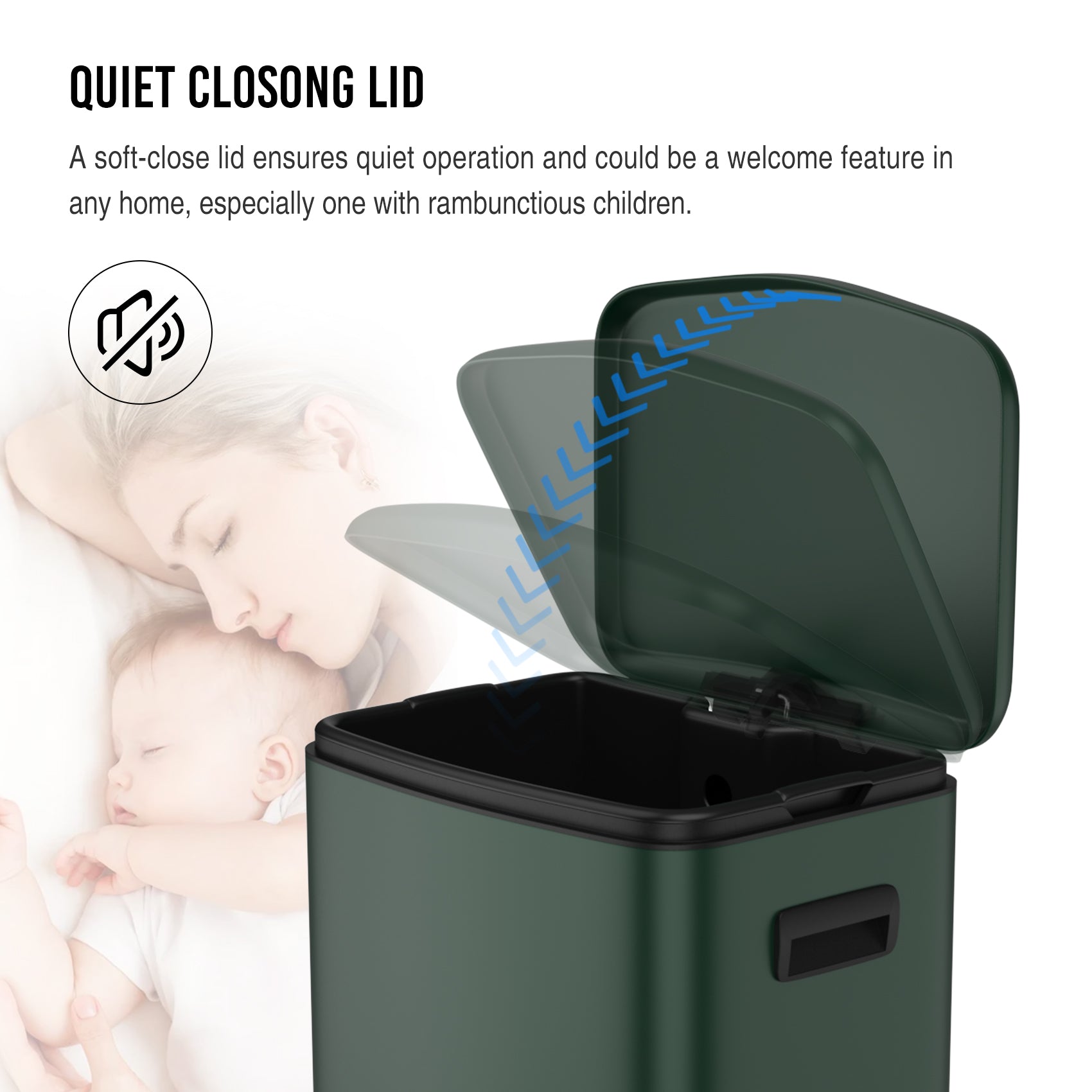 13 Gallon 50L Kitchen Foot Pedal Operated Soft Close Trash Can Stainless Steel Rectangular Bustbin With 30 Garbage Bags Green Green Steel