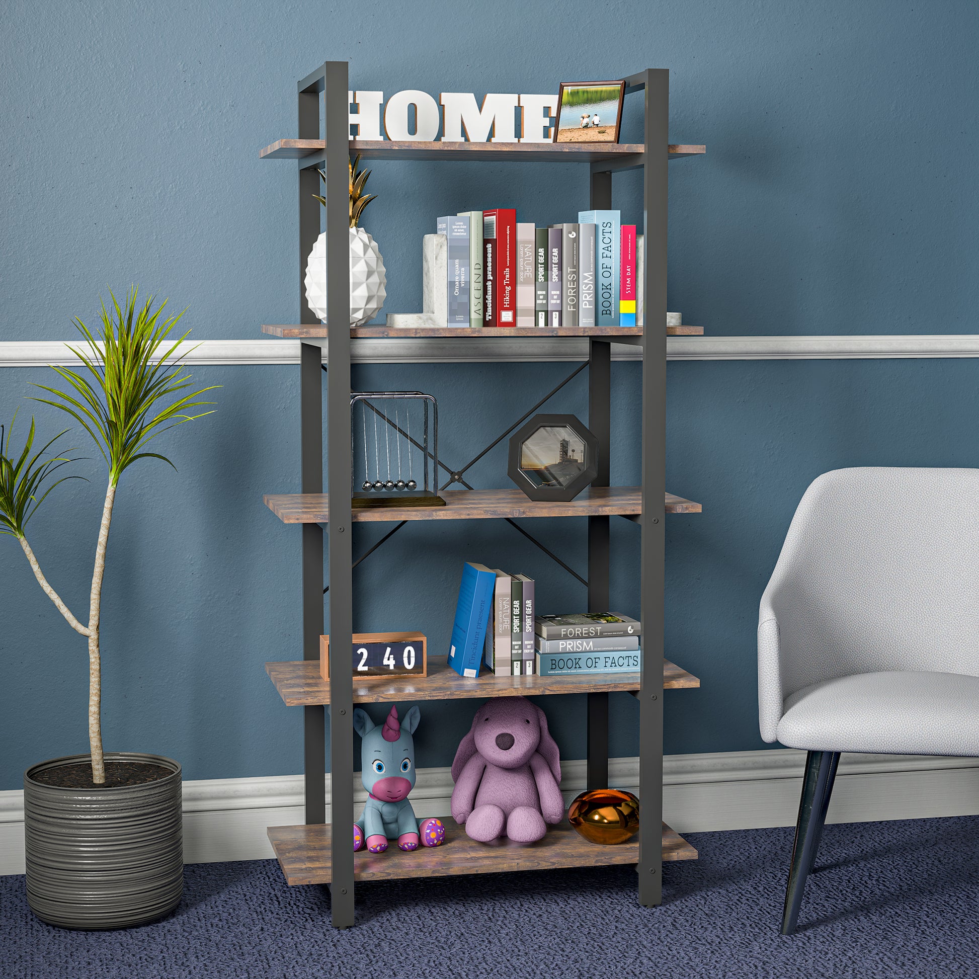 5 Shelf Vintage Industrial Rustic Bookshelf, 5 Tier Wood And Metal Bookcase, Open Etagere Book Shelf, Farmhouse Wooden Bookshelves, Vintage Brown Brown Mdf Steel