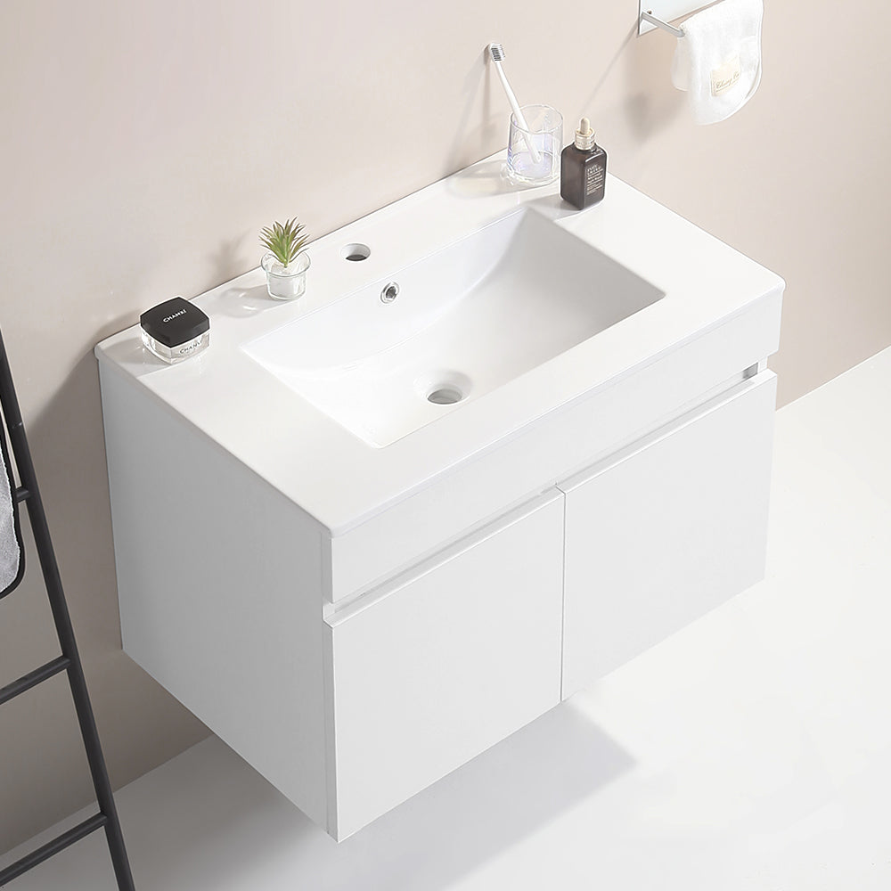 30 Inch Wall Mounted Bathroom Vanity With White Ceramic Basin,Two Soft Close Cabinet Doors, Solid Wood,Excluding Faucets,White White Solid Wood