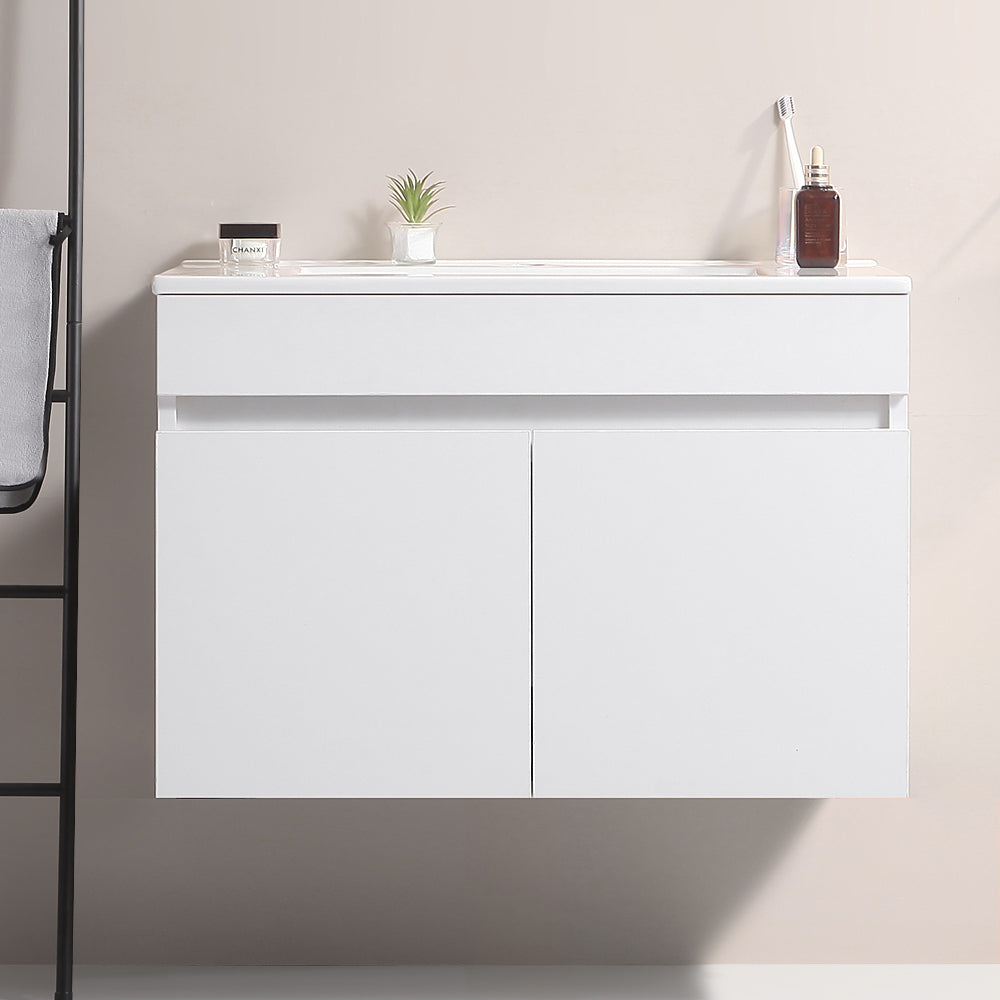 30 Inch Wall Mounted Bathroom Vanity With White Ceramic Basin,Two Soft Close Cabinet Doors, Solid Wood,Excluding Faucets,White White Solid Wood