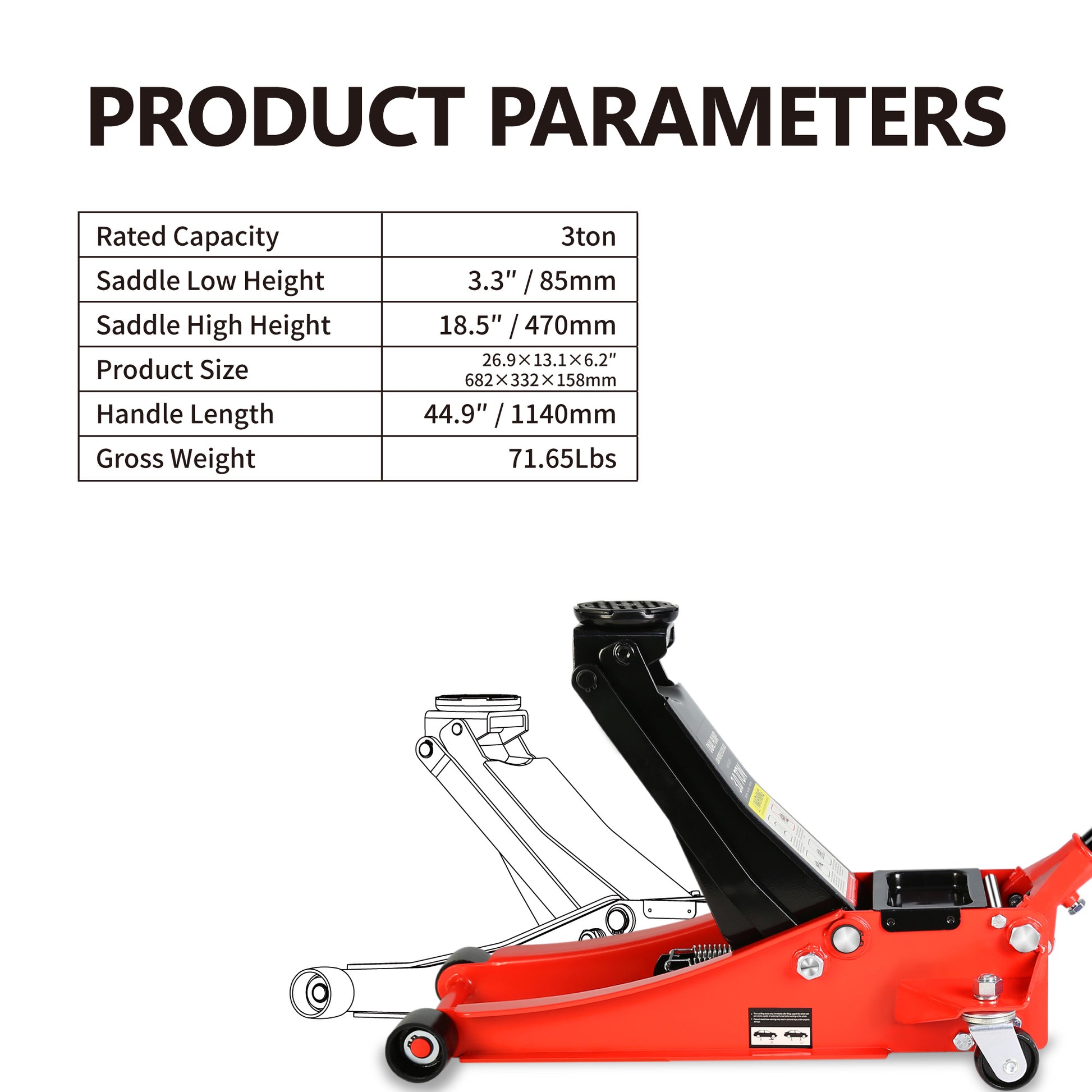 Hydraulic Low Profile And Steel Racing Floor Jack With Dual Piston Quick Lift Pump,3 Ton 6600 Lb Capacity, Lifting Range 3.3" 18.5" Black Red Steel