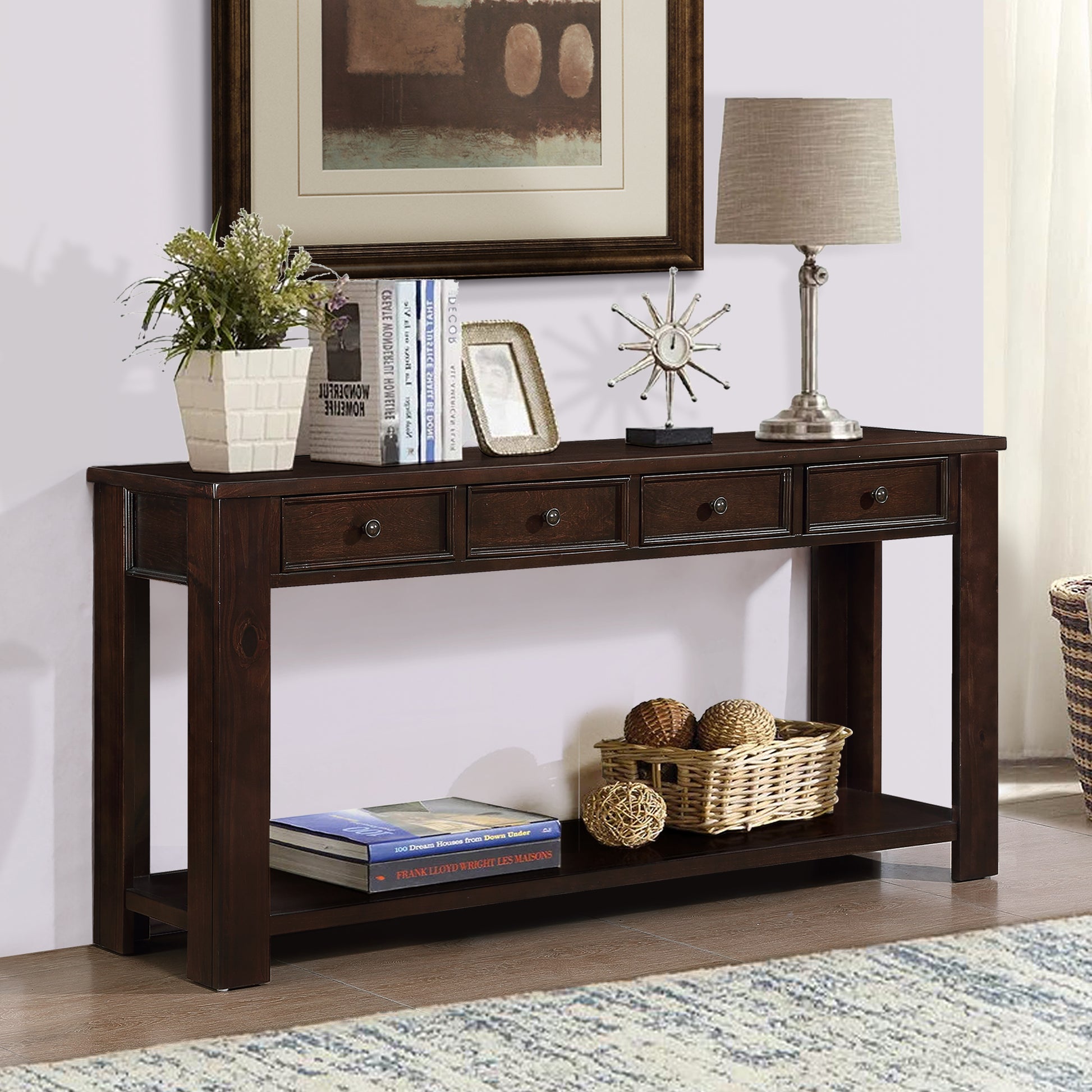 63" Pine Wood Console Table With 4 Drawers And 1 Bottom Shelf For Entryway Hallway Easy Assembly 63 Inch Long Sofa Table Light Espresso Light Espresso Pine