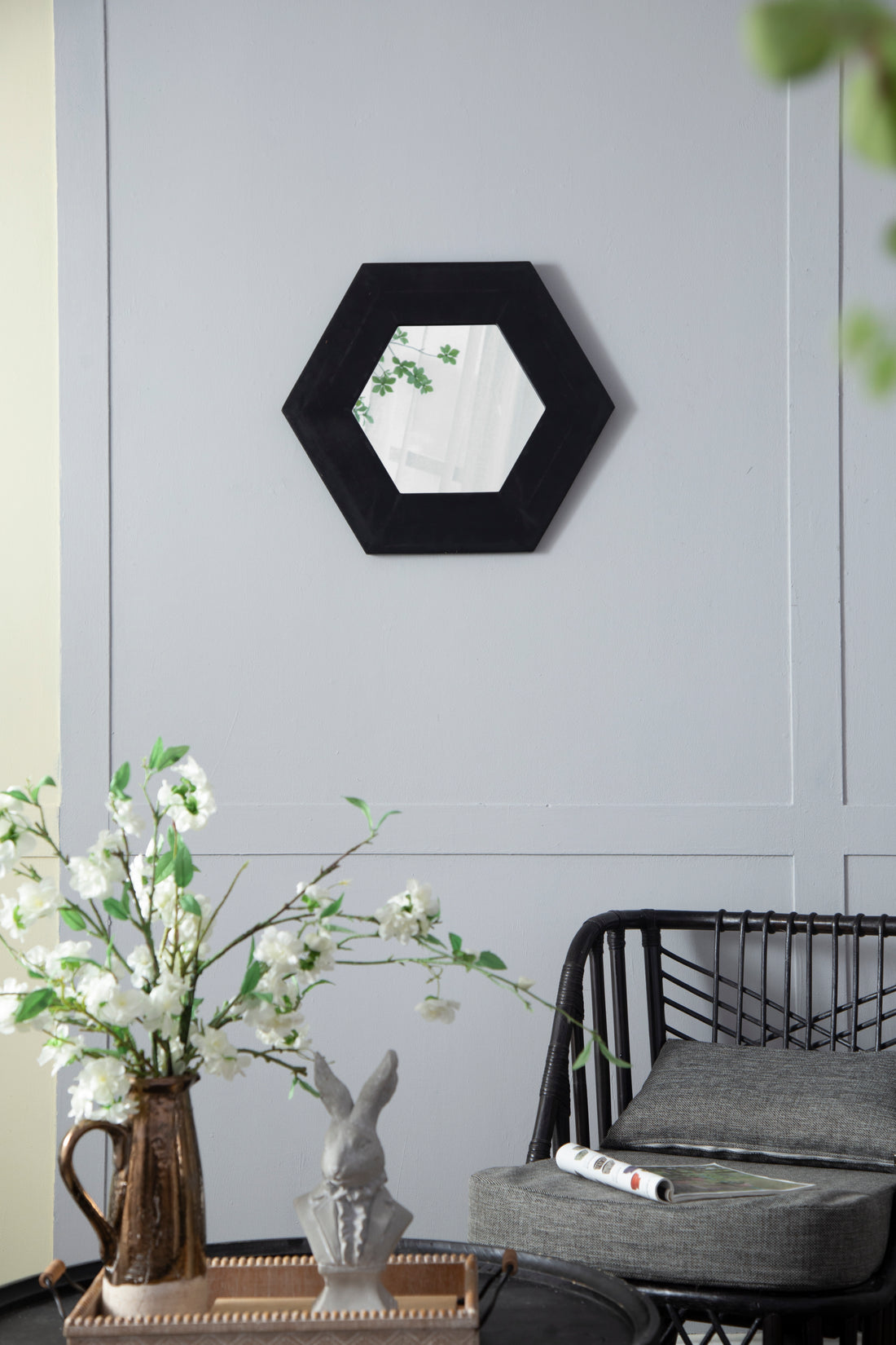 18.5" X 18.5" Hexagon Mirror With Solid Wood Frame, Wall Decor For Living Room Bathroom Hallway, Black Black Wood Glass