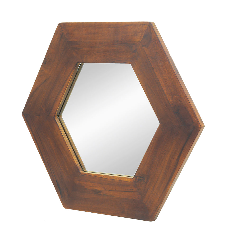 18.5" X 18.5" Hexagon Mirror With Solid Wood Frame, Wall Decor For Living Room Bathroom Hallway, Dark Brown Brown Wood Glass