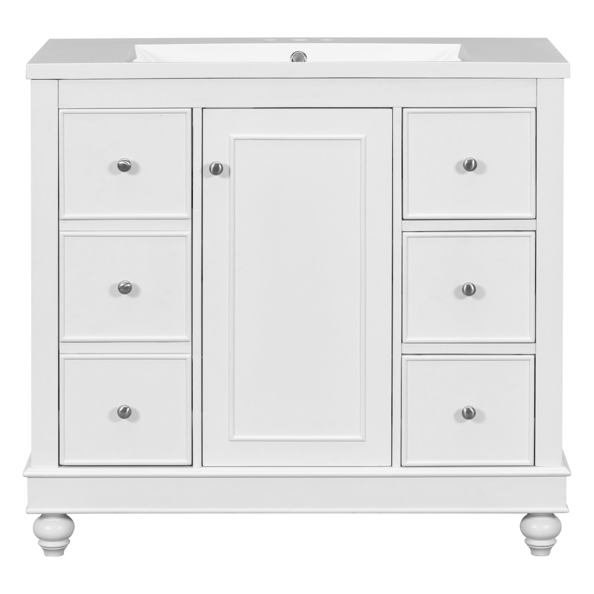 Contemporary White Bathroom Vanity Cabinet 36X18X34 Inches, 4 Drawers & 1 Cabinet Door, Multipurpose Storage, Resin Integrated Sink, Adjustable Shelves, Solid Wood Frame With Mdf White Modern Solid