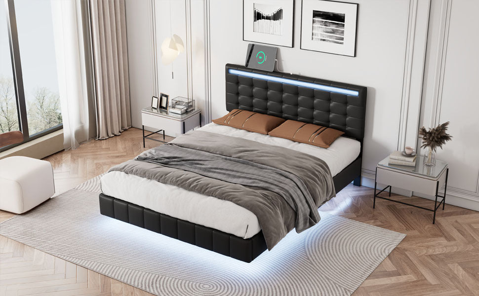 Full Size Floating Bed Frame With Led Lights And Usb Charging,Modern Upholstered Platform Led Bed Frame,Black Full Black Pu