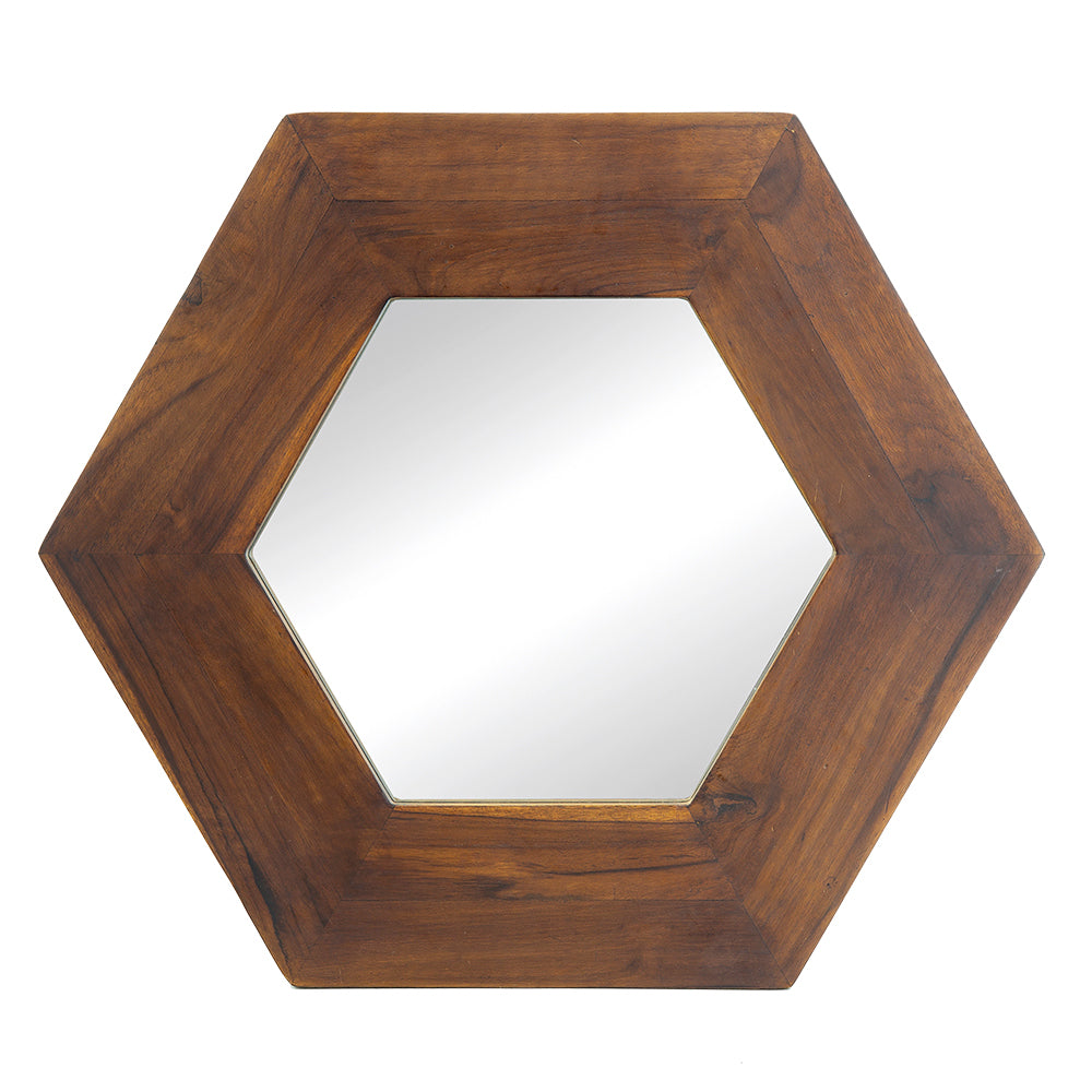 18.5" X 18.5" Hexagon Mirror With Solid Wood Frame, Wall Decor For Living Room Bathroom Hallway, Dark Brown Brown Wood Glass
