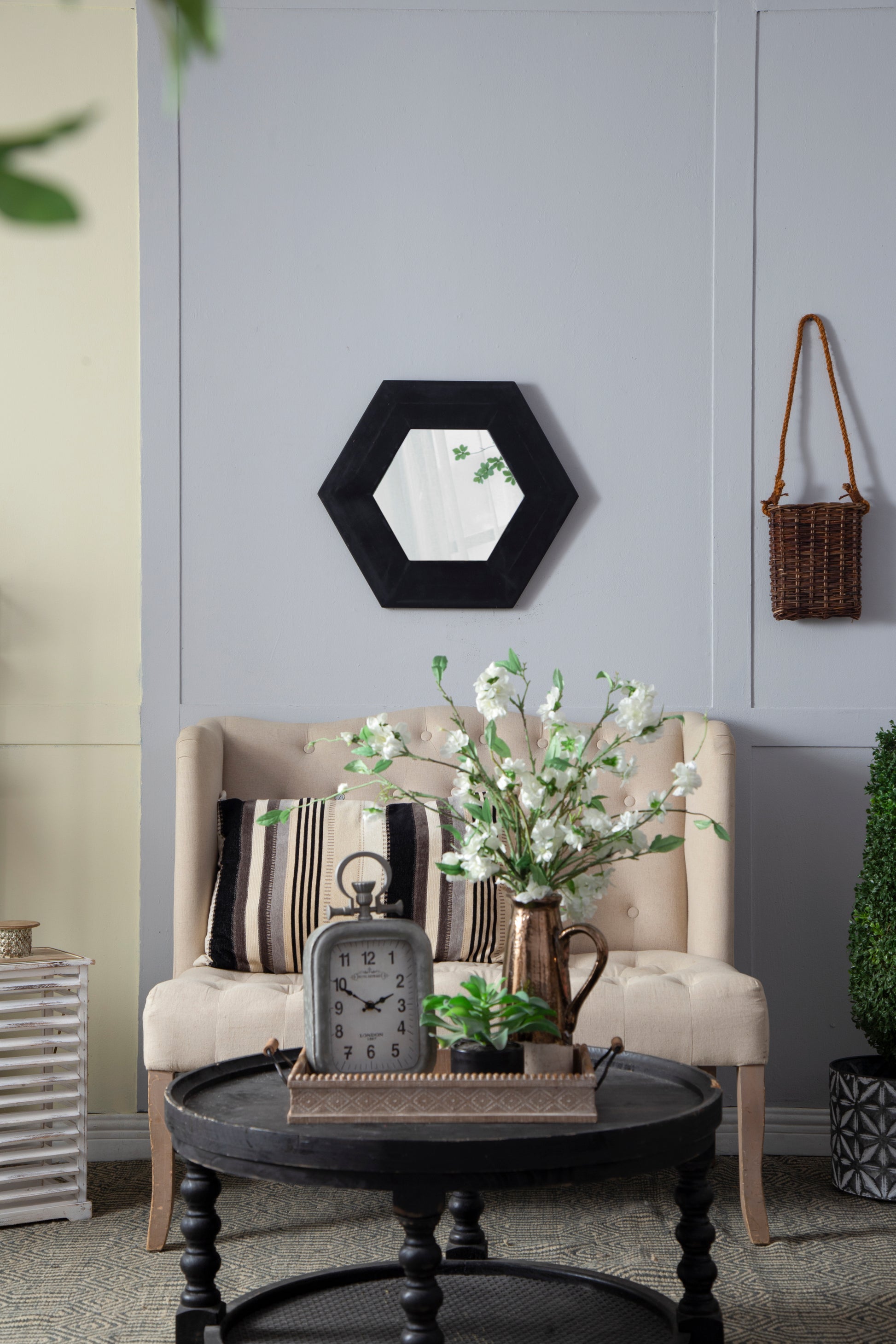 18.5" X 18.5" Hexagon Mirror With Solid Wood Frame, Wall Decor For Living Room Bathroom Hallway, Black Black Wood Glass