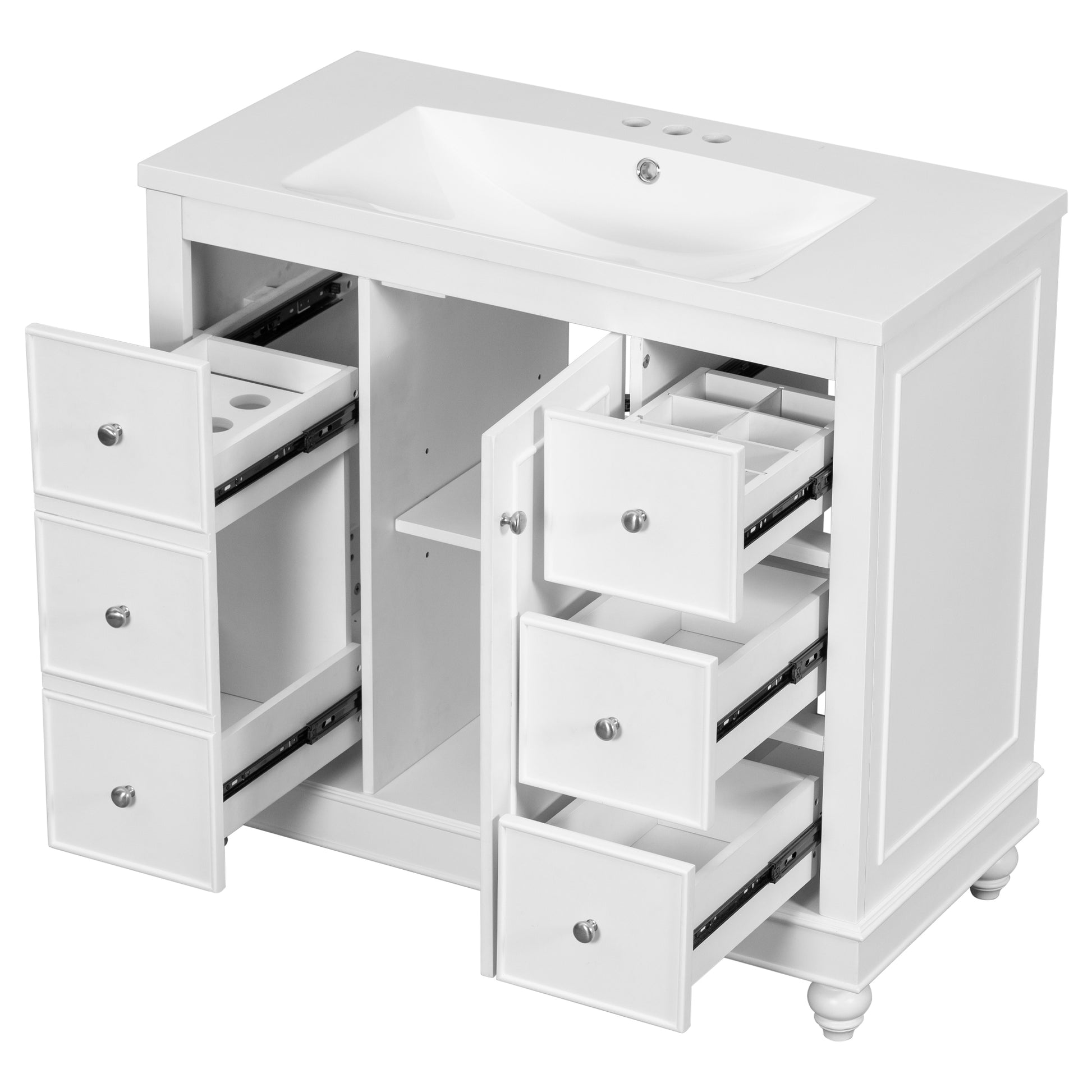 Contemporary White Bathroom Vanity Cabinet 36X18X34 Inches, 4 Drawers & 1 Cabinet Door, Multipurpose Storage, Resin Integrated Sink, Adjustable Shelves, Solid Wood Frame With Mdf White Modern Solid