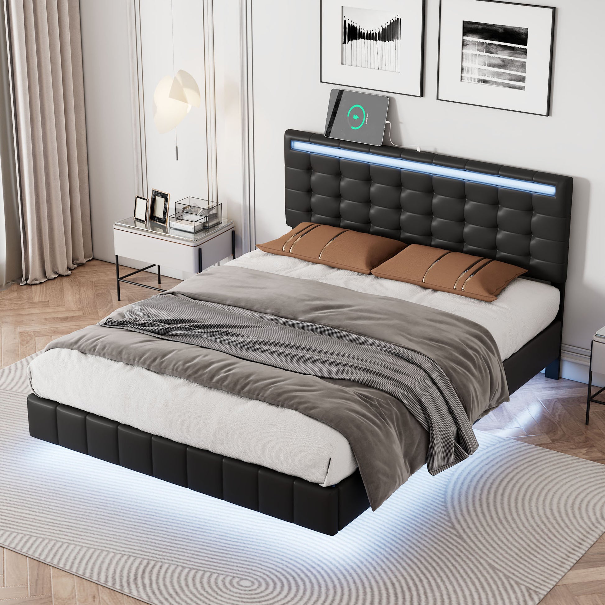 Full Size Floating Bed Frame With Led Lights And Usb Charging,Modern Upholstered Platform Led Bed Frame,Black Full Black Pu