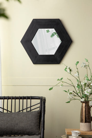 18.5" X 18.5" Hexagon Mirror With Solid Wood Frame, Wall Decor For Living Room Bathroom Hallway, Black Black Wood Glass