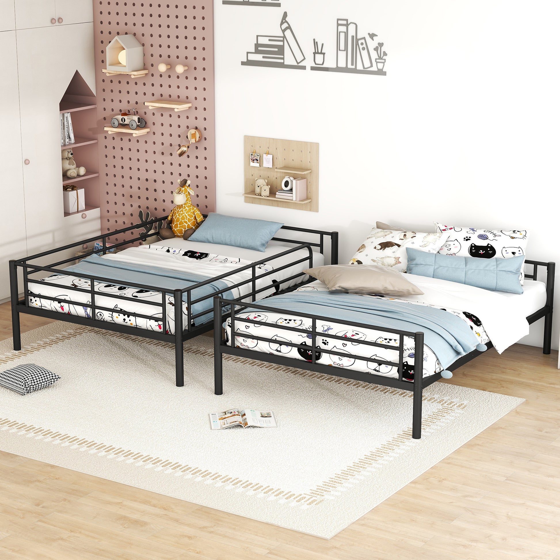 Full Over Full Metal Bunk Bed, Black Black Iron