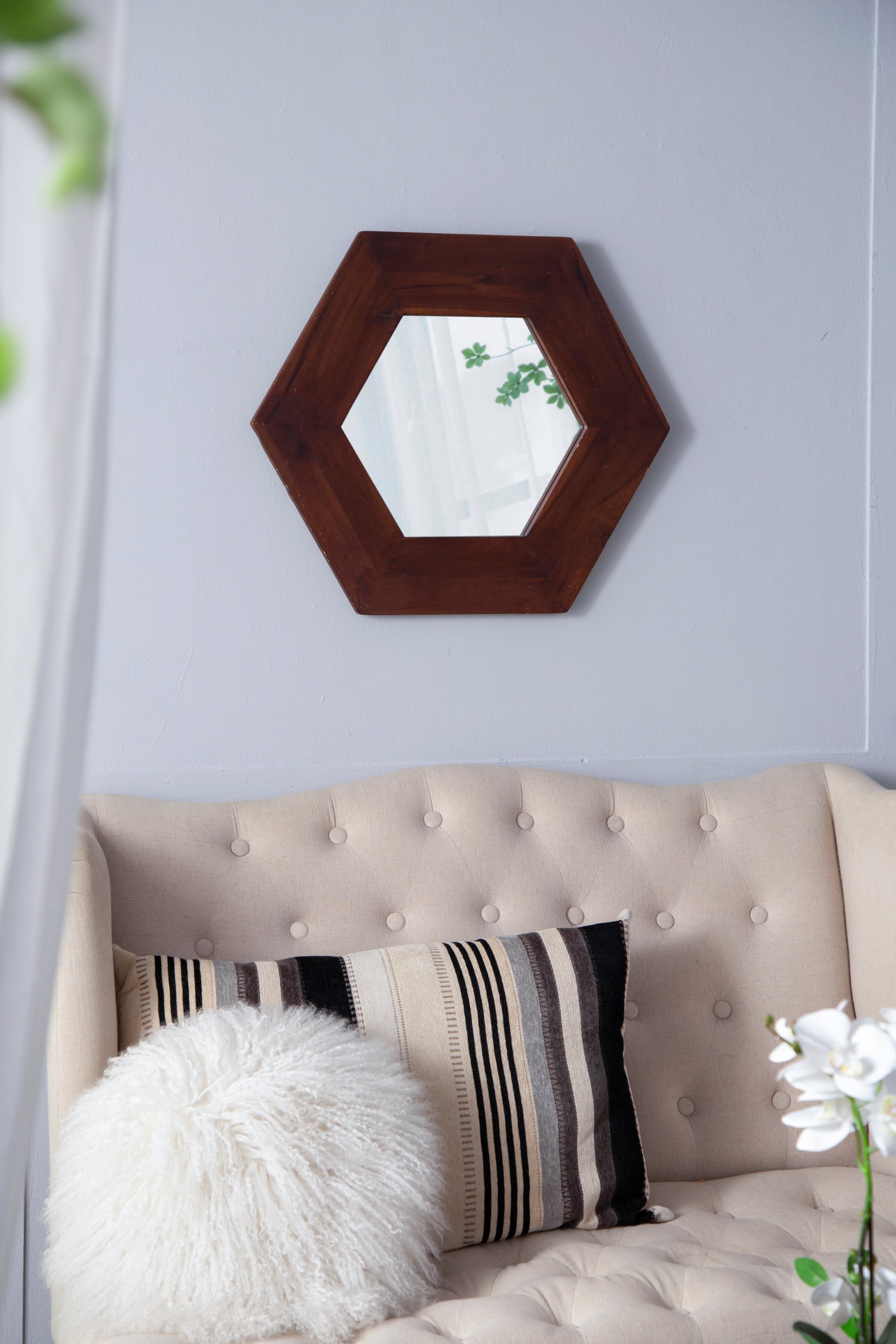 18.5" X 18.5" Hexagon Mirror With Solid Wood Frame, Wall Decor For Living Room Bathroom Hallway, Dark Brown Brown Wood Glass