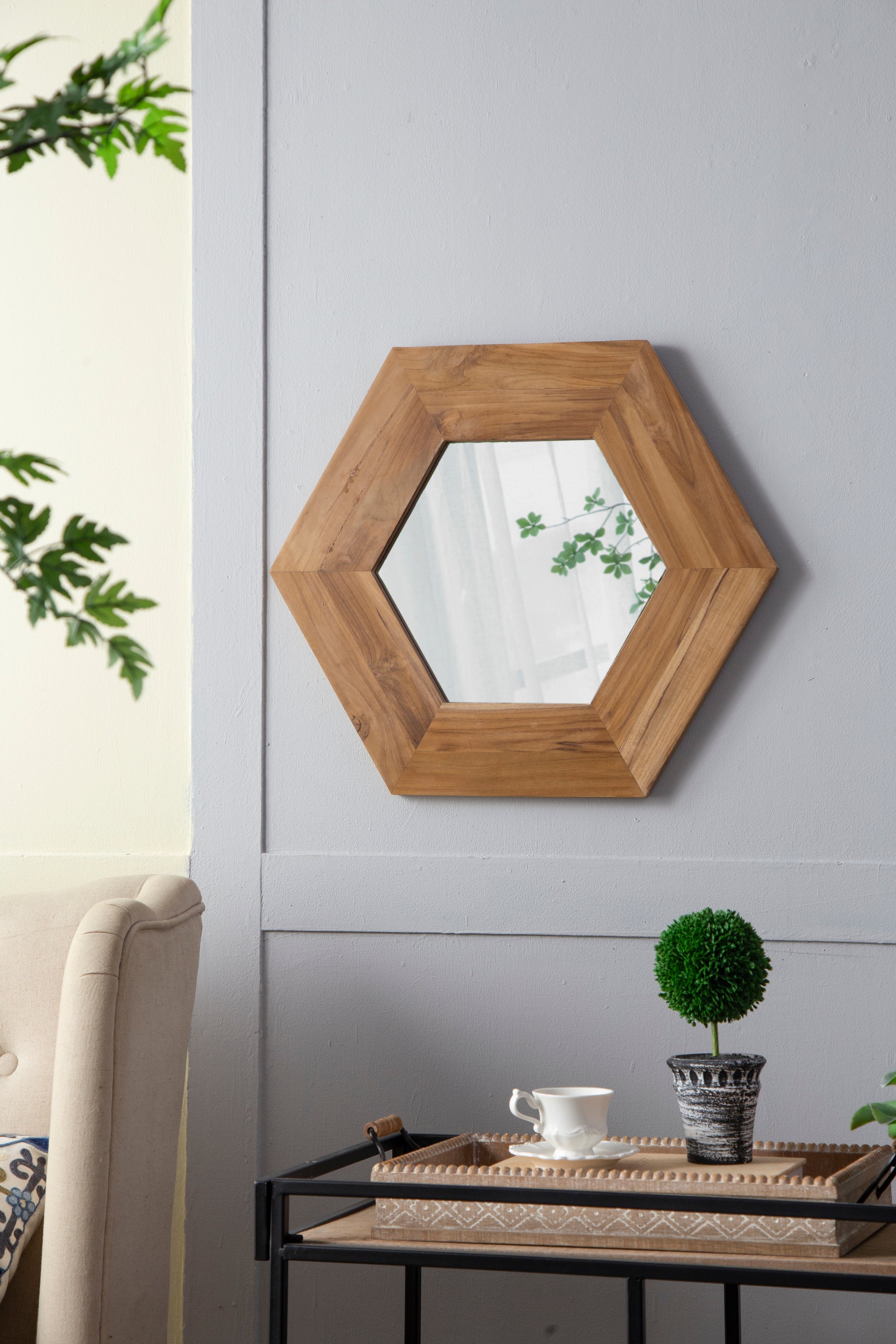 18.5" X 18.5" Hexagon Mirror With Natural Wood Frame, Wall Decor For Living Room Bathroom Hallway Natural Wood Glass