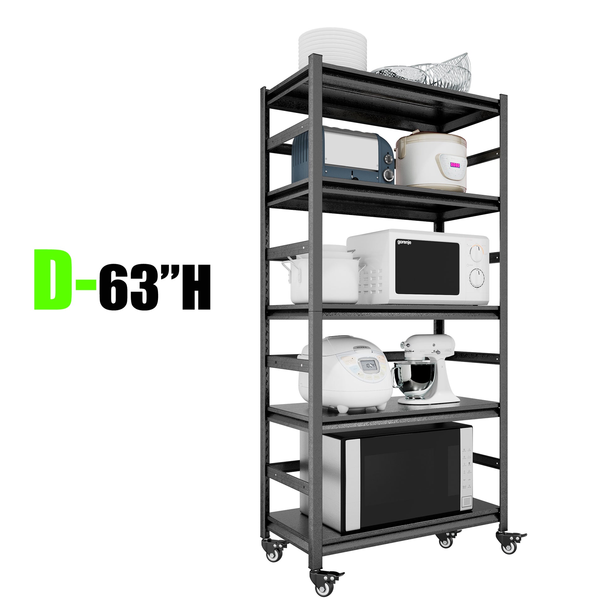 63"H Storage Shelves Heavy Duty Metal Shelving Unit Adjustable 5 Tier Pantry Shelves With Wheels Load 1750Lbs Kitchen Shelf Garage Storage 5 Black Standard Vertical Kitchen Open Back Metal Antique Adjustable Shelves Metal Metal