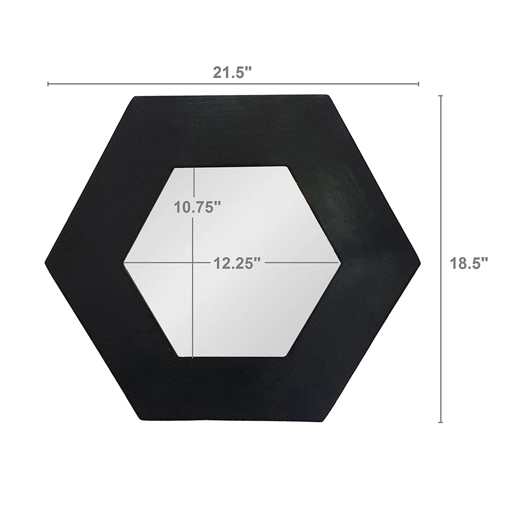 18.5" X 18.5" Hexagon Mirror With Solid Wood Frame, Wall Decor For Living Room Bathroom Hallway, Black Black Wood Glass