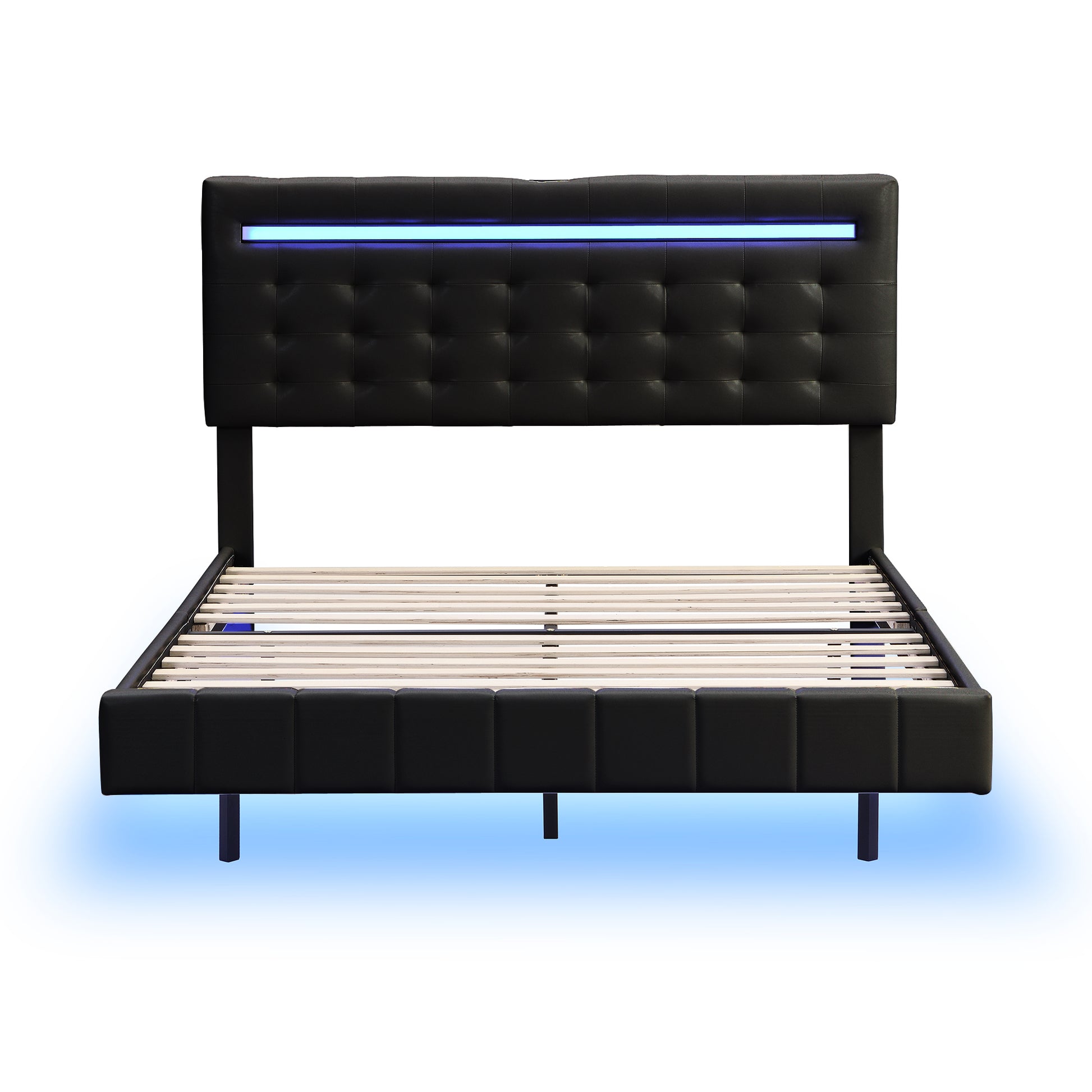 Full Size Floating Bed Frame With Led Lights And Usb Charging,Modern Upholstered Platform Led Bed Frame,Black Full Black Pu