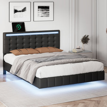 Full Size Floating Bed Frame With Led Lights And Usb Charging,Modern Upholstered Platform Led Bed Frame,Black Full Black Pu