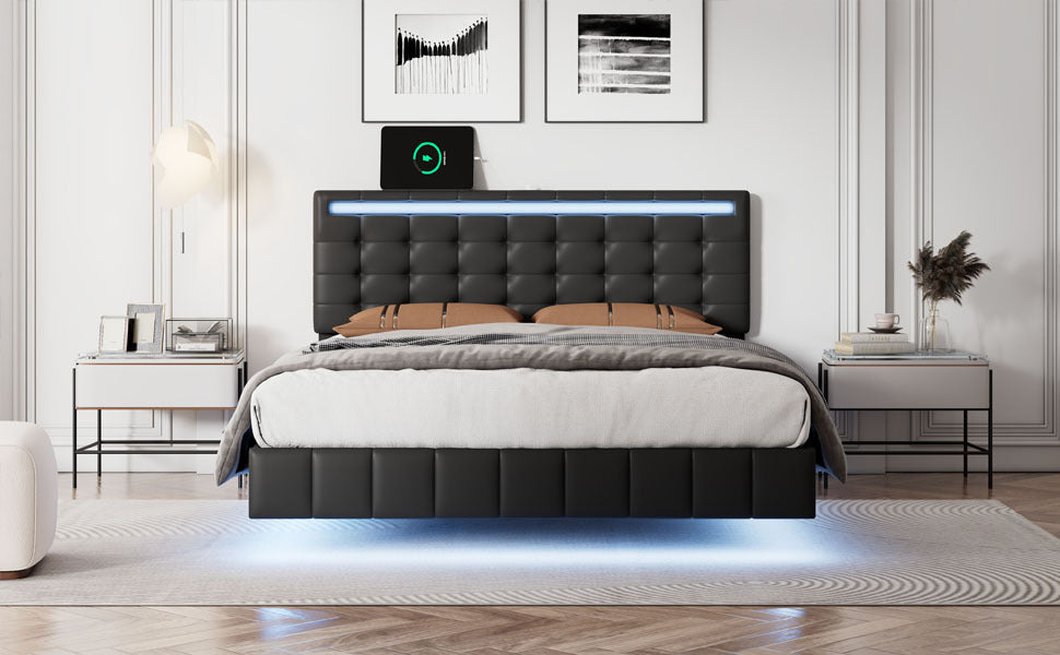 Full Size Floating Bed Frame With Led Lights And Usb Charging,Modern Upholstered Platform Led Bed Frame,Black Full Black Pu