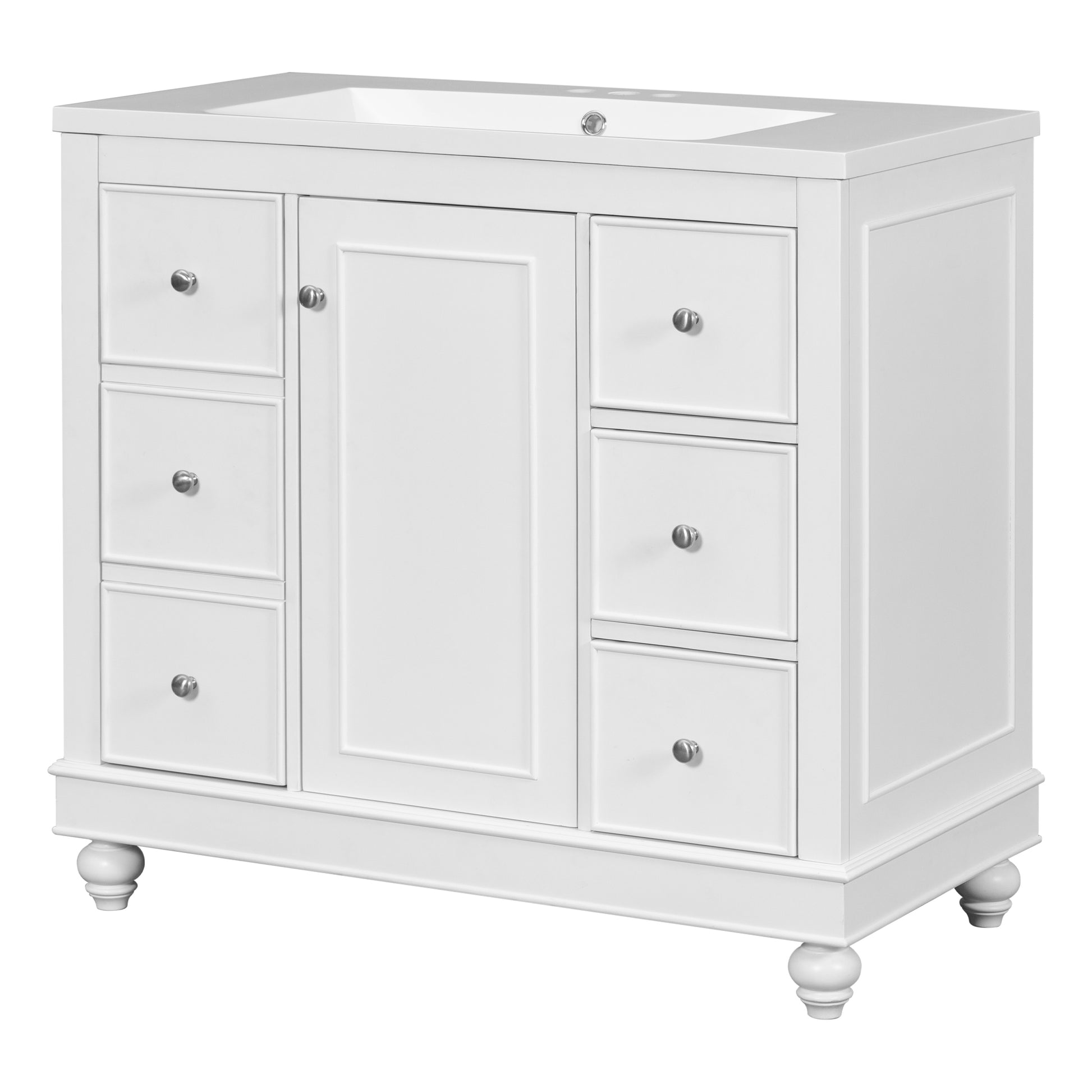 Contemporary White Bathroom Vanity Cabinet 36X18X34 Inches, 4 Drawers & 1 Cabinet Door, Multipurpose Storage, Resin Integrated Sink, Adjustable Shelves, Solid Wood Frame With Mdf White Modern Solid