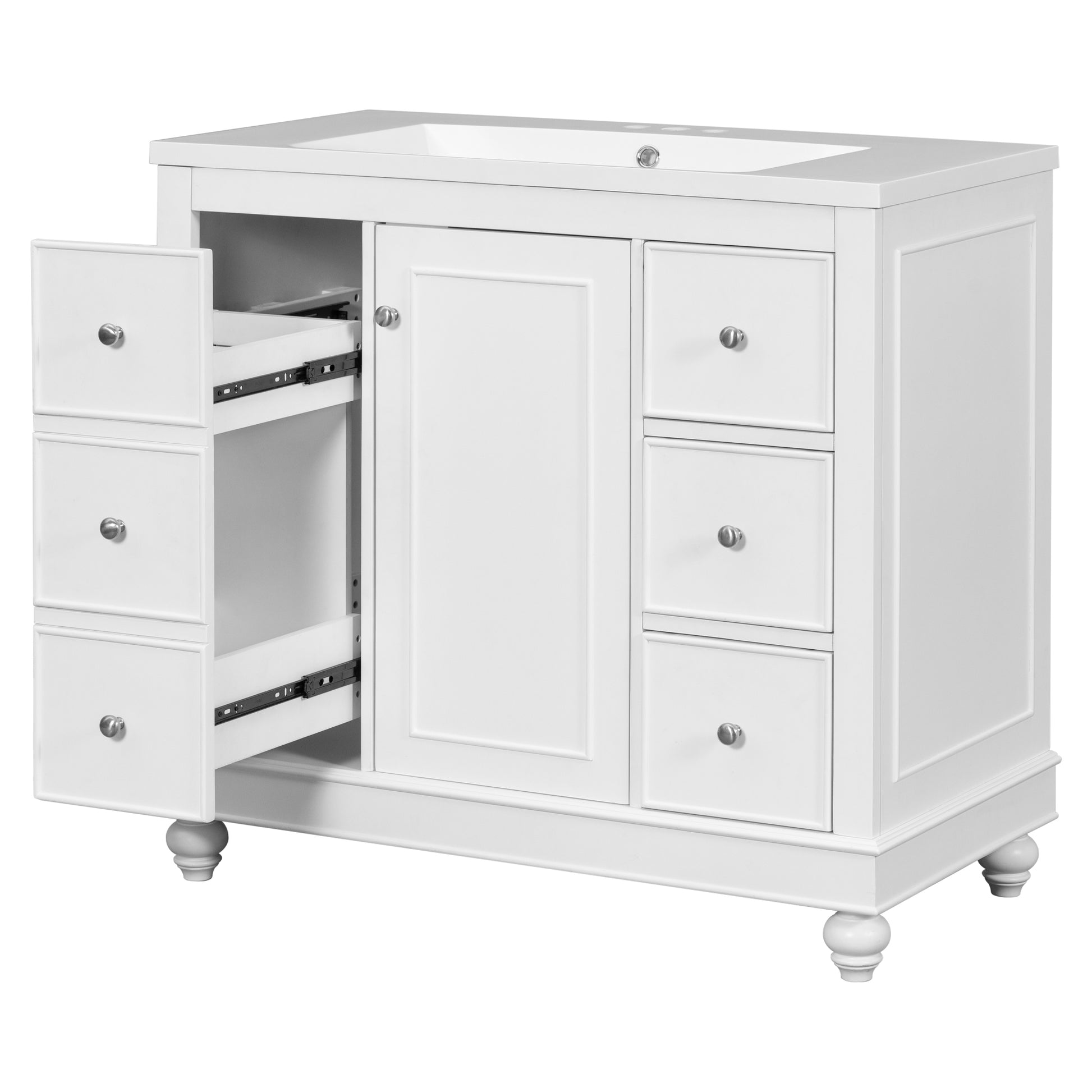 Contemporary White Bathroom Vanity Cabinet 36X18X34 Inches, 4 Drawers & 1 Cabinet Door, Multipurpose Storage, Resin Integrated Sink, Adjustable Shelves, Solid Wood Frame With Mdf White Modern Solid