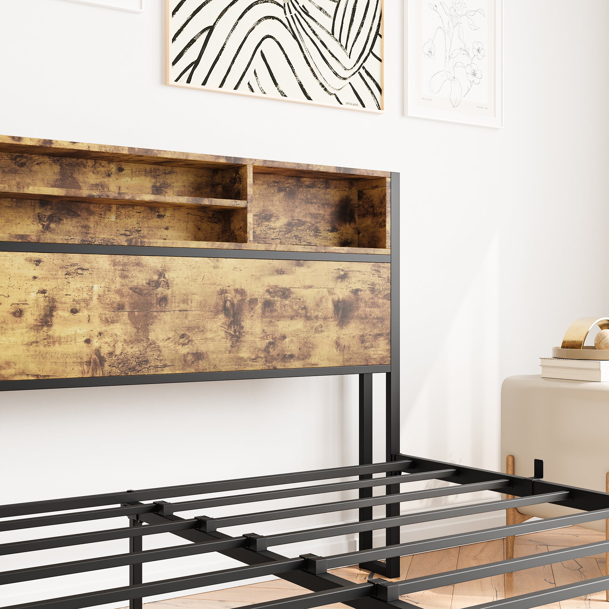 Queen Bed Frame With Storage Headboard, Metal Platform Bed With Charging Station, Bookcase Storage, No Box Spring Needed, Easy Assembly, Noise Free, Black Box Spring Not Required Queen Black Iron Brown Bedroom Bed Frame Metal & Wood