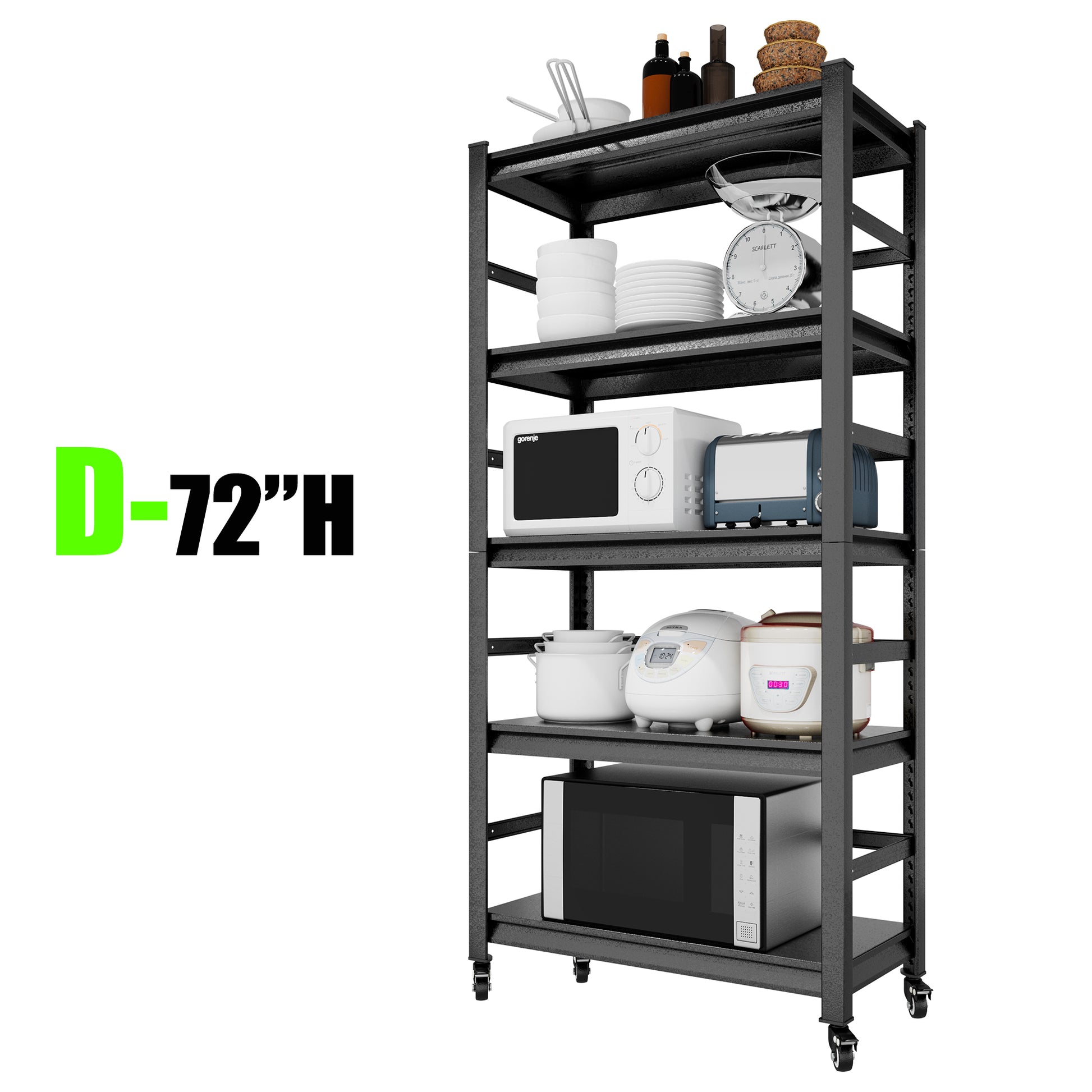 72"H Heavy Duty Storage Shelves Adjustable 5 Tier Metal Shelving Unit With Wheels For 1750Lbs Load Kitchen, Garage, Pantry, And More 5 Black Standard Vertical Kitchen Open Back Metal Antique Adjustable Shelves Metal Metal