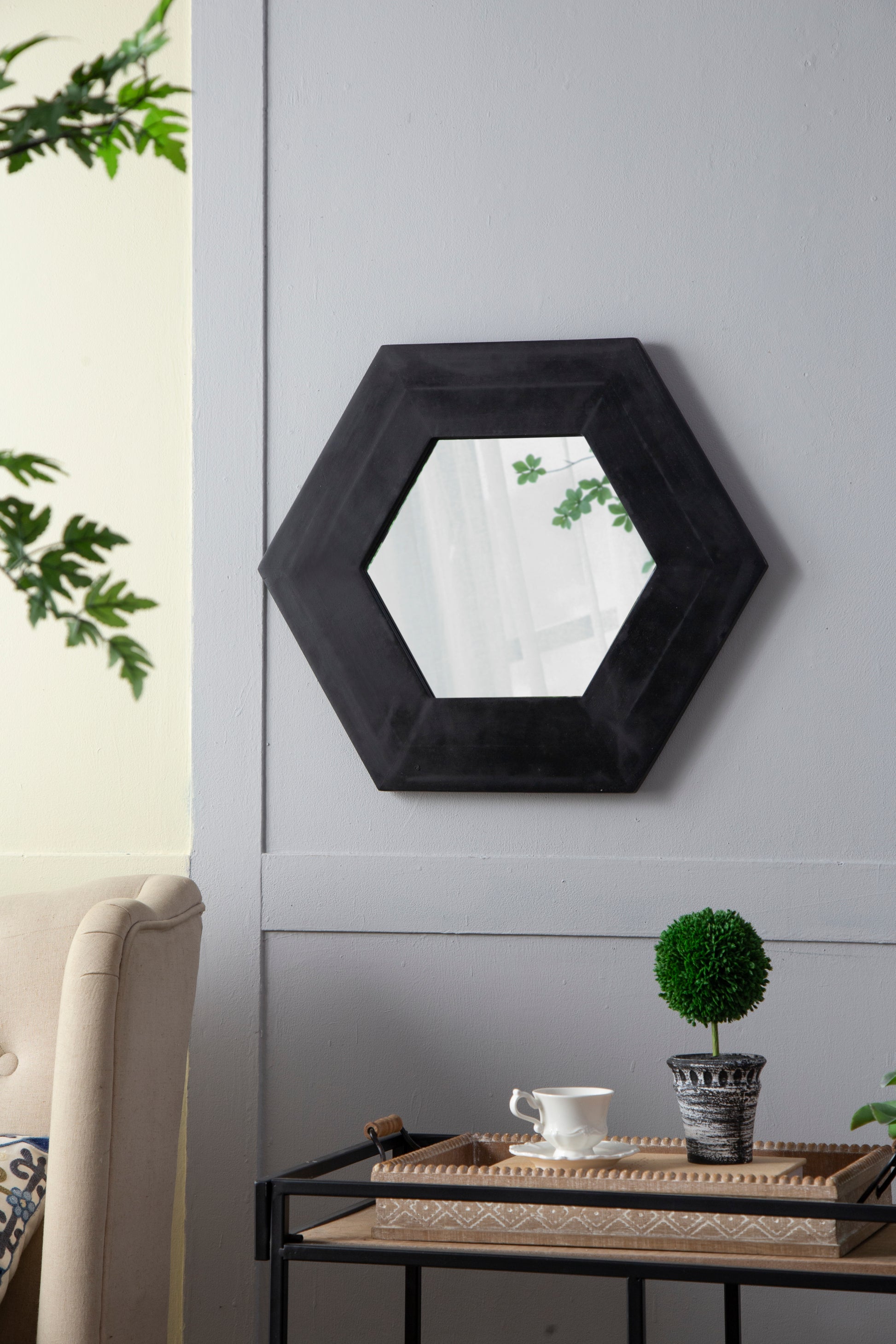 18.5" X 18.5" Hexagon Mirror With Solid Wood Frame, Wall Decor For Living Room Bathroom Hallway, Black Black Wood Glass