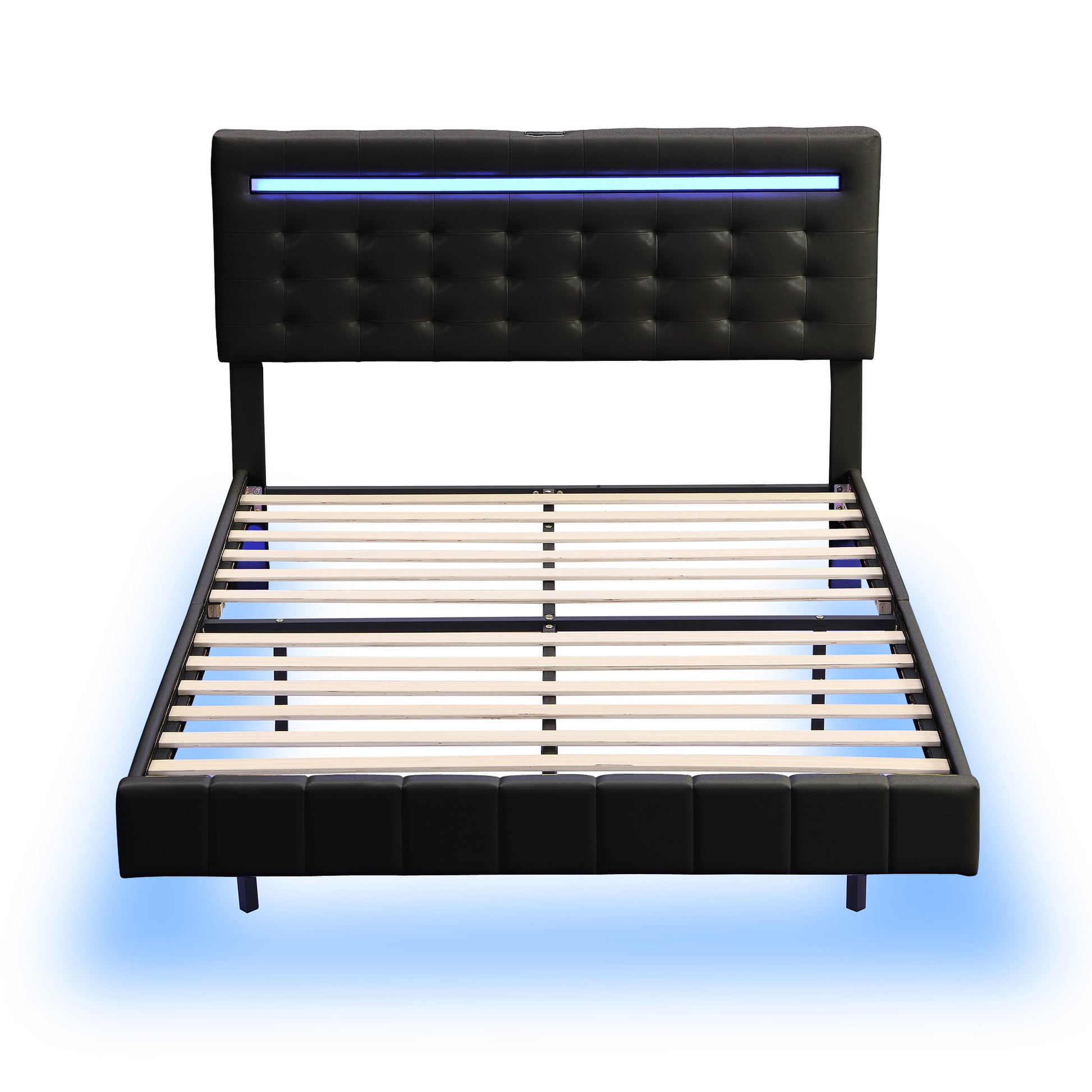 Full Size Floating Bed Frame With Led Lights And Usb Charging,Modern Upholstered Platform Led Bed Frame,Black Full Black Pu