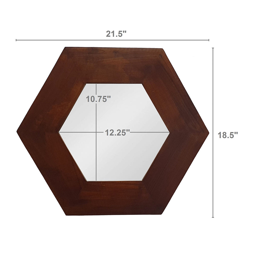18.5" X 18.5" Hexagon Mirror With Solid Wood Frame, Wall Decor For Living Room Bathroom Hallway, Dark Brown Brown Wood Glass