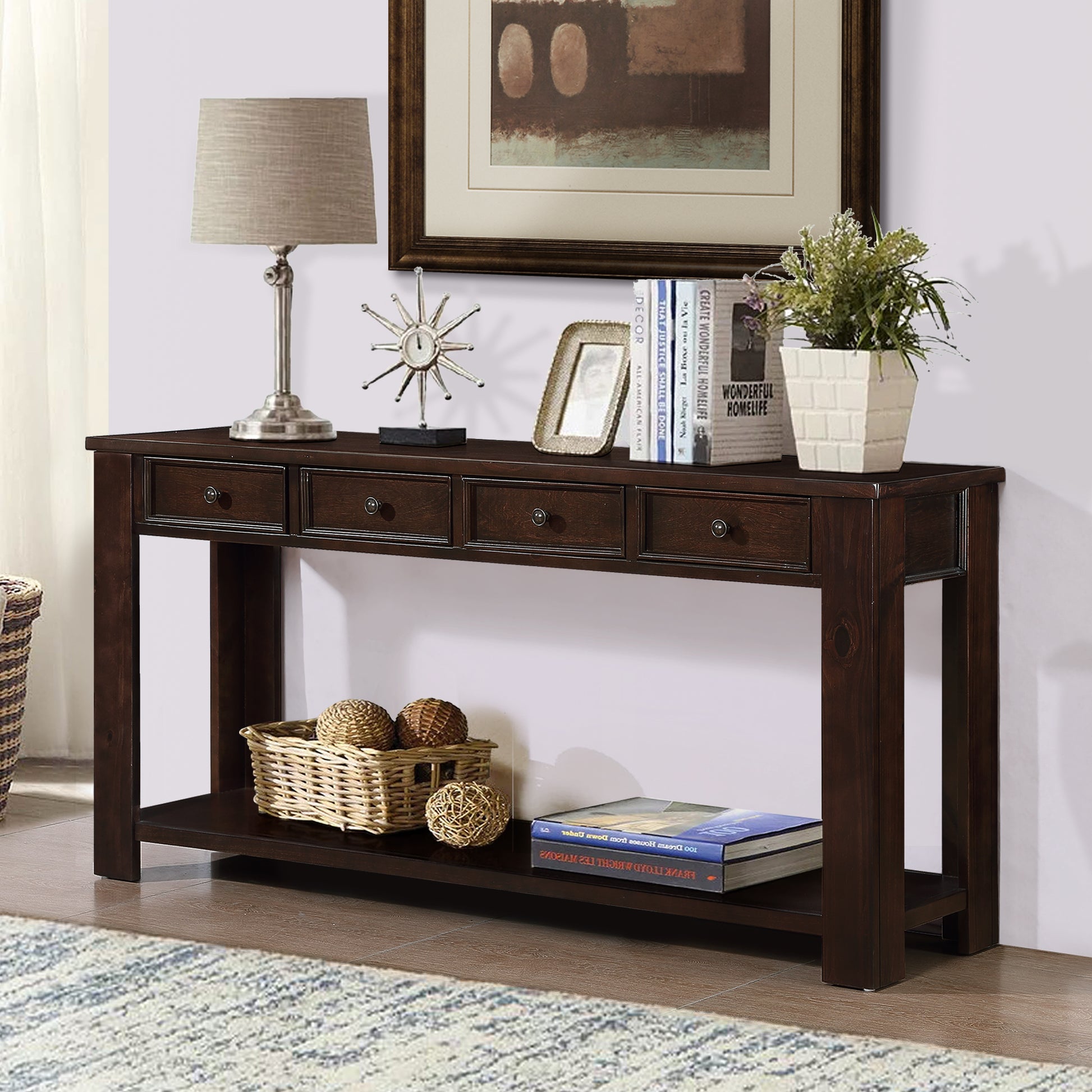 63" Pine Wood Console Table With 4 Drawers And 1 Bottom Shelf For Entryway Hallway Easy Assembly 63 Inch Long Sofa Table Light Espresso Light Espresso Pine