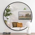 Black 32 Inch Metal Round Bathroom Mirror Black Classic Mdf Glass Aluminium Alloy