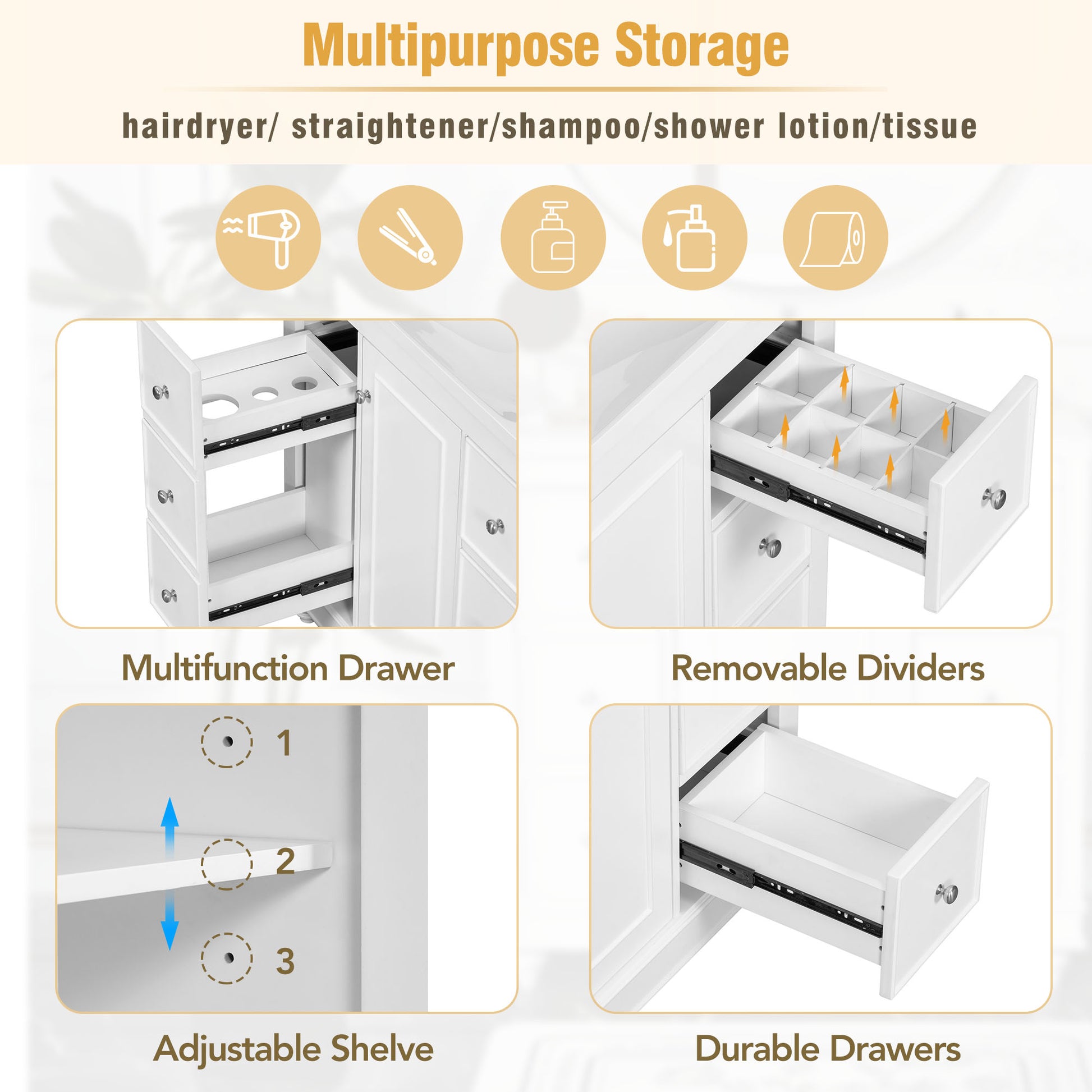 Contemporary White Bathroom Vanity Cabinet 36X18X34 Inches, 4 Drawers & 1 Cabinet Door, Multipurpose Storage, Resin Integrated Sink, Adjustable Shelves, Solid Wood Frame With Mdf White Modern Solid