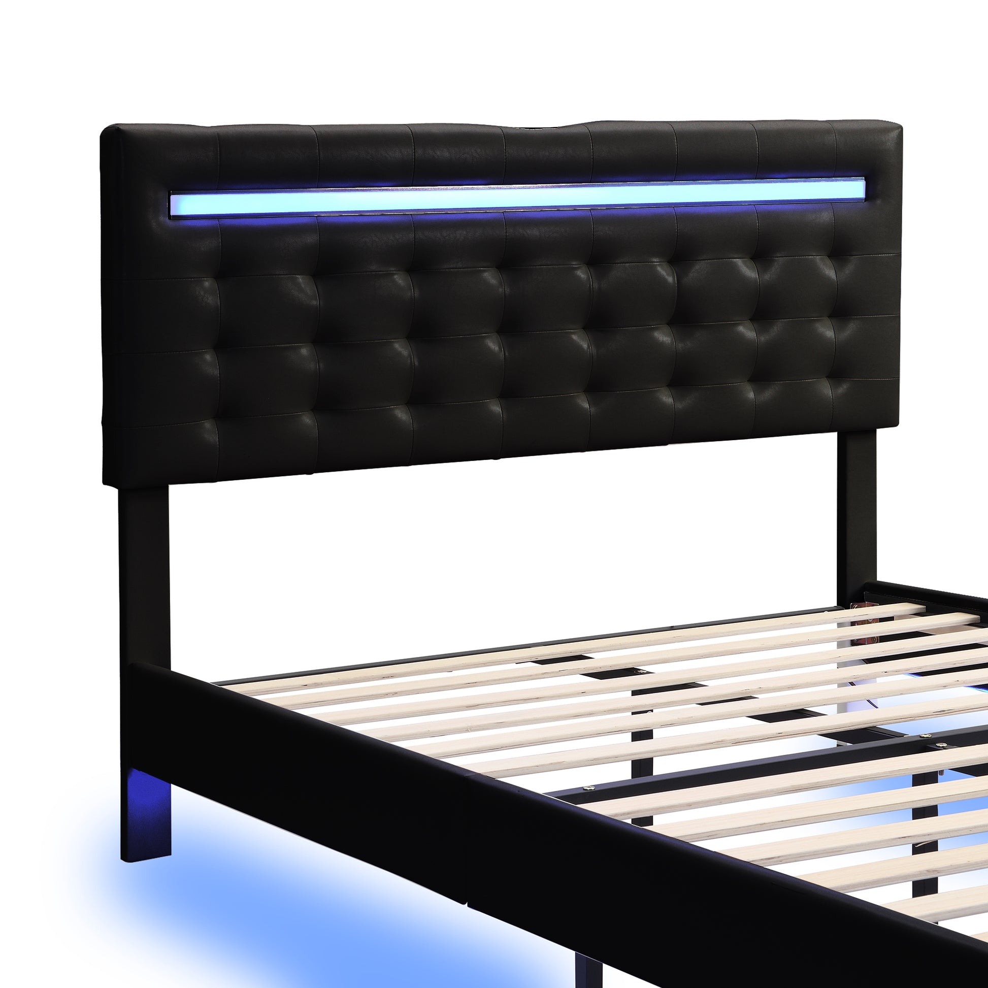 Full Size Floating Bed Frame With Led Lights And Usb Charging,Modern Upholstered Platform Led Bed Frame,Black Full Black Pu