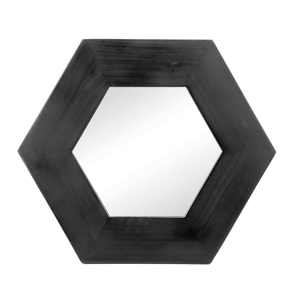 18.5" X 18.5" Hexagon Mirror With Solid Wood Frame, Wall Decor For Living Room Bathroom Hallway, Black Black Wood Glass