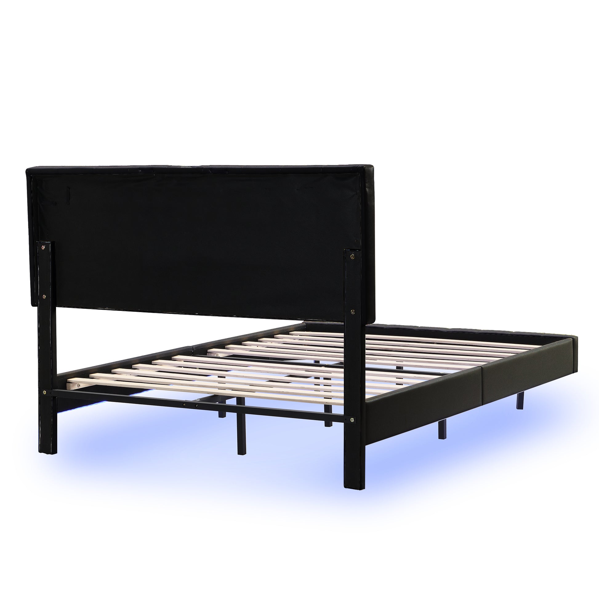 Full Size Floating Bed Frame With Led Lights And Usb Charging,Modern Upholstered Platform Led Bed Frame,Black Full Black Pu