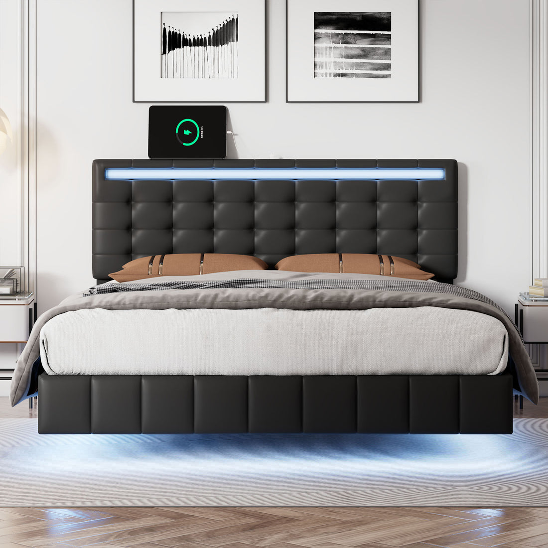 Full Size Floating Bed Frame With Led Lights And Usb Charging,Modern Upholstered Platform Led Bed Frame,Black Full Black Pu