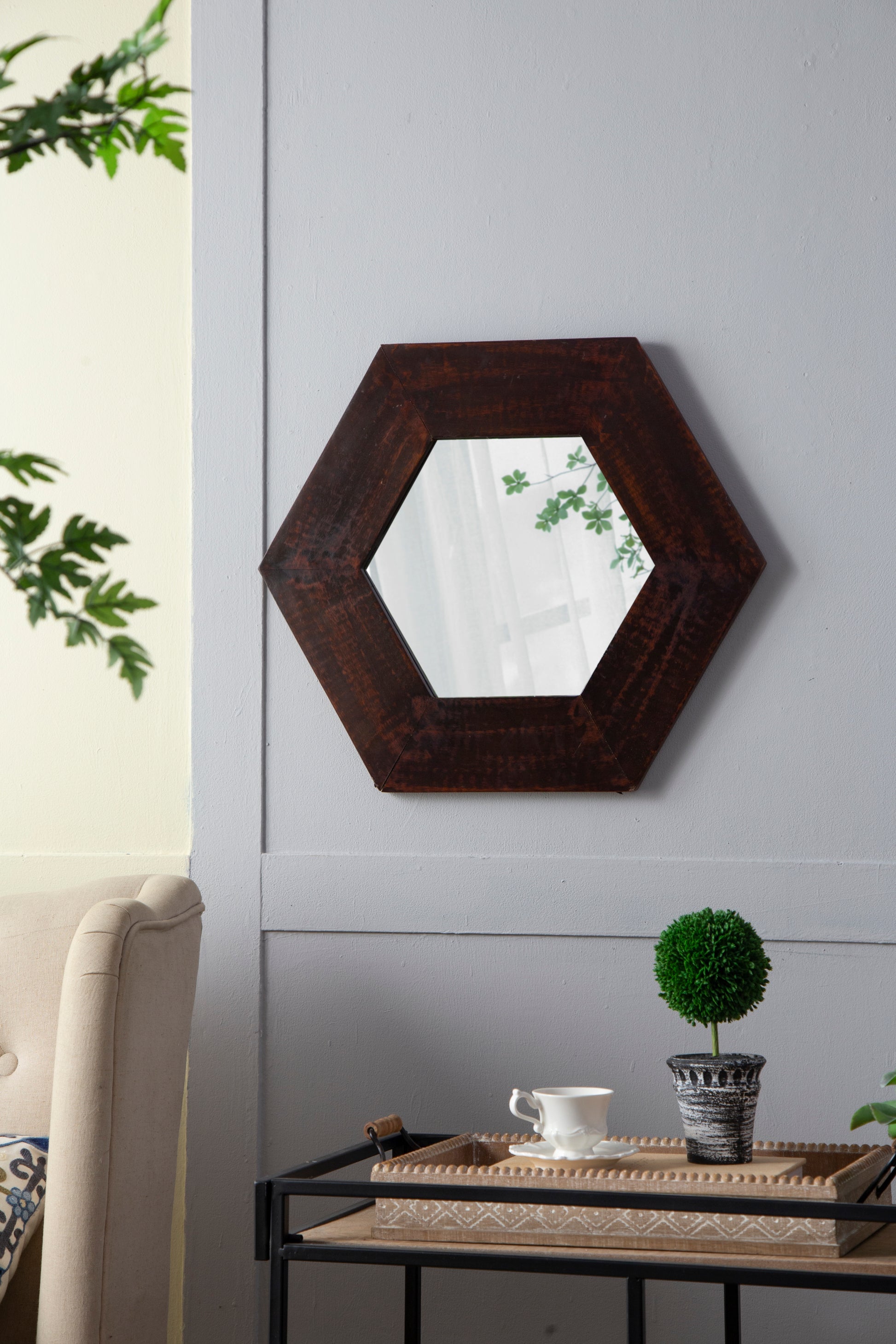 18.5" X 18.5" Hexagon Mirror With Solid Wood Frame, Wall Decor For Living Room Bathroom Hallway, Dark Brown Brown Wood Glass
