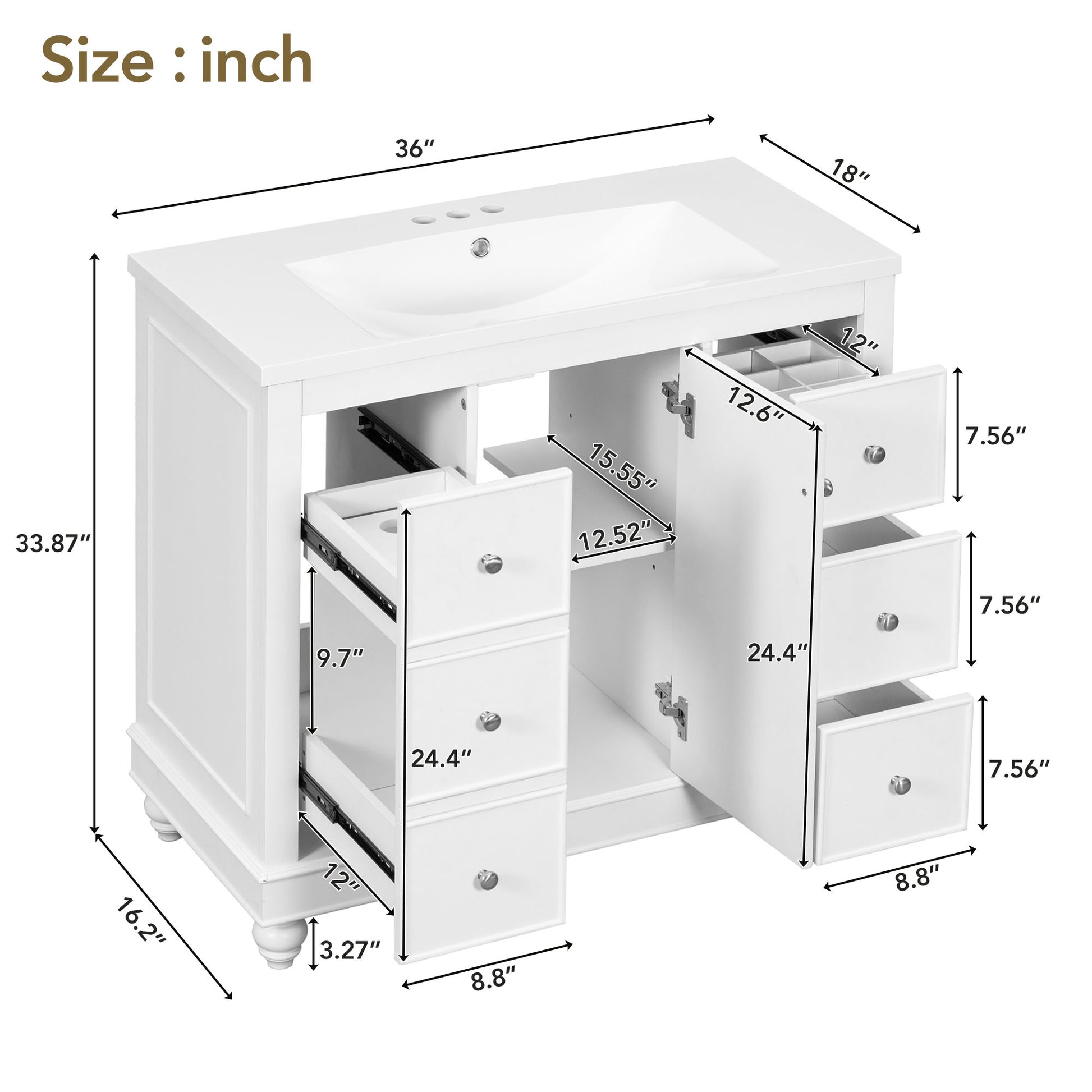 Contemporary White Bathroom Vanity Cabinet 36X18X34 Inches, 4 Drawers & 1 Cabinet Door, Multipurpose Storage, Resin Integrated Sink, Adjustable Shelves, Solid Wood Frame With Mdf White Modern Solid