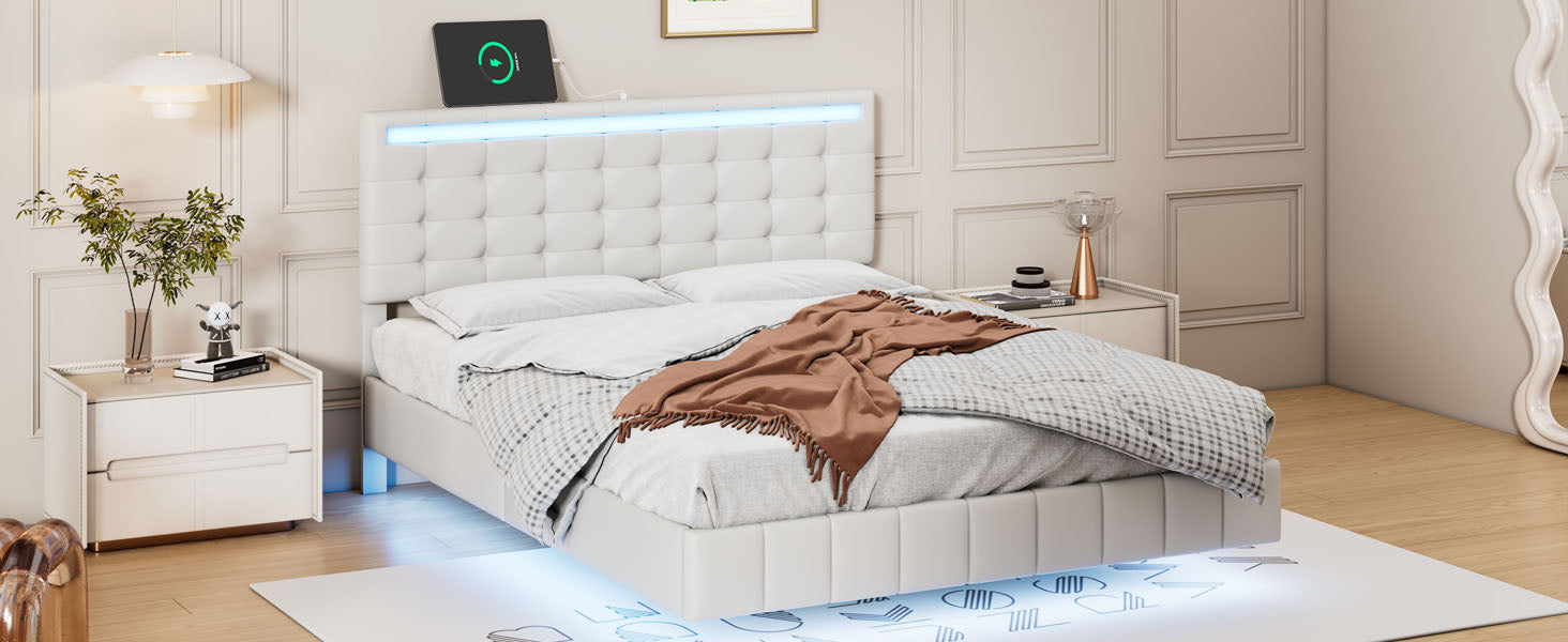 Full Size Floating Bed Frame With Led Lights And Usb Charging,Modern Upholstered Platform Led Bed Frame,White Full White Pu