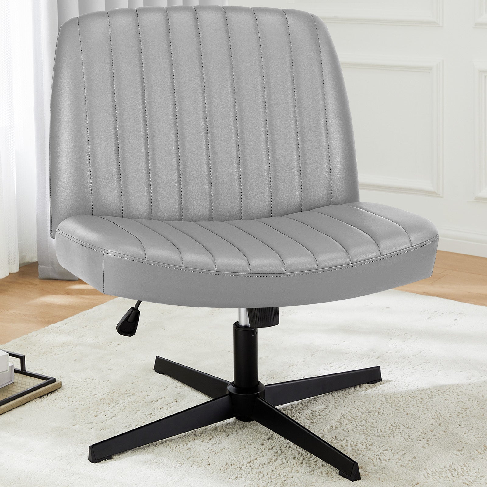 Sweetcrispy Cross Legged Chair,No Wheels Armless Swivel Home Office Chair Gray Pu Abs Rubber Steel Q235