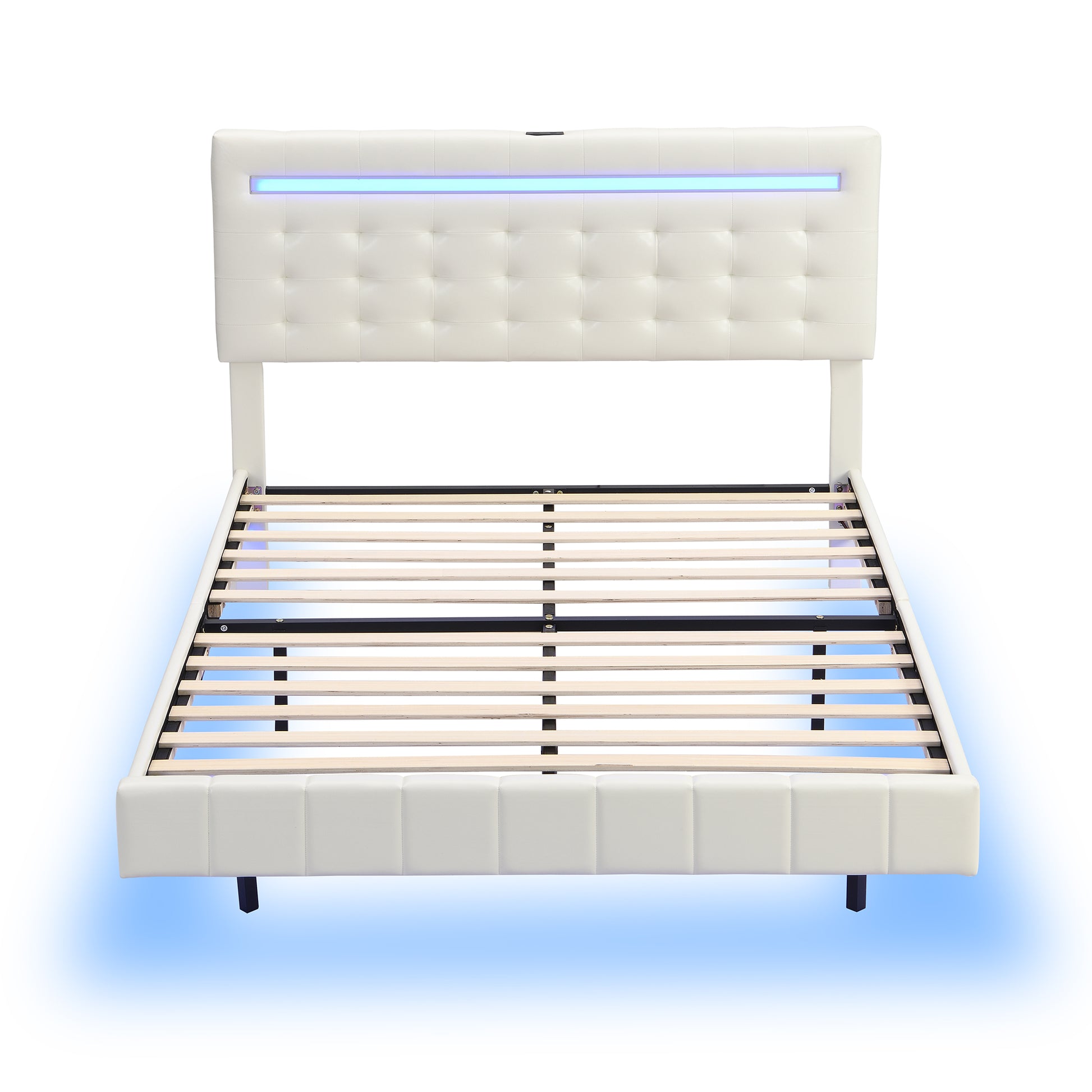 Full Size Floating Bed Frame With Led Lights And Usb Charging,Modern Upholstered Platform Led Bed Frame,White Full White Pu