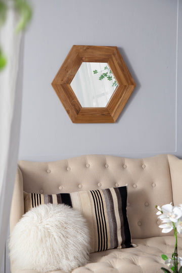 18.5" X 18.5" Hexagon Mirror With Natural Wood Frame, Wall Decor For Living Room Bathroom Hallway Natural Wood Glass